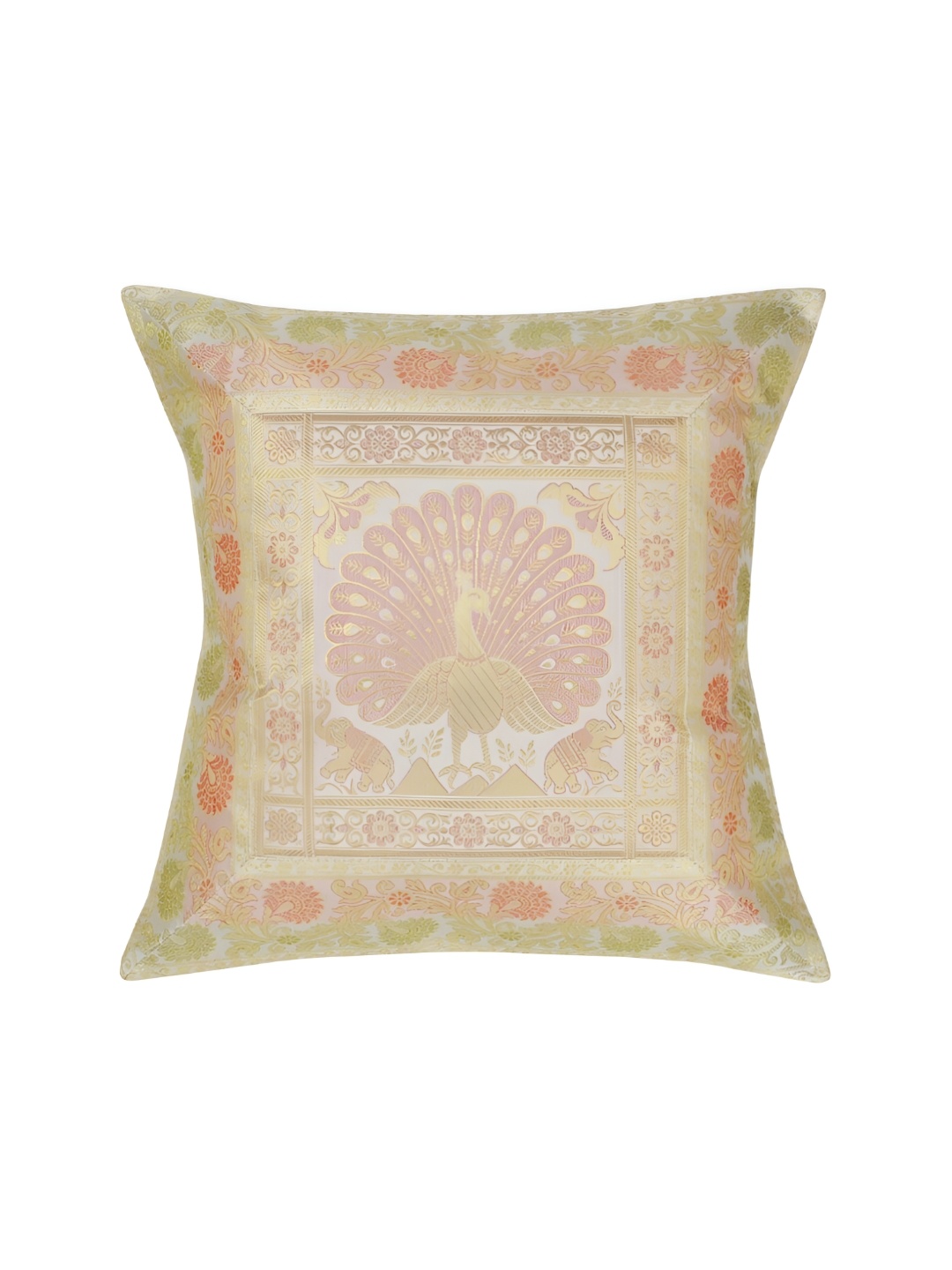 

Lal Haveli White & Gold Toned Ethnic Motif Silk Square Cushion Cover