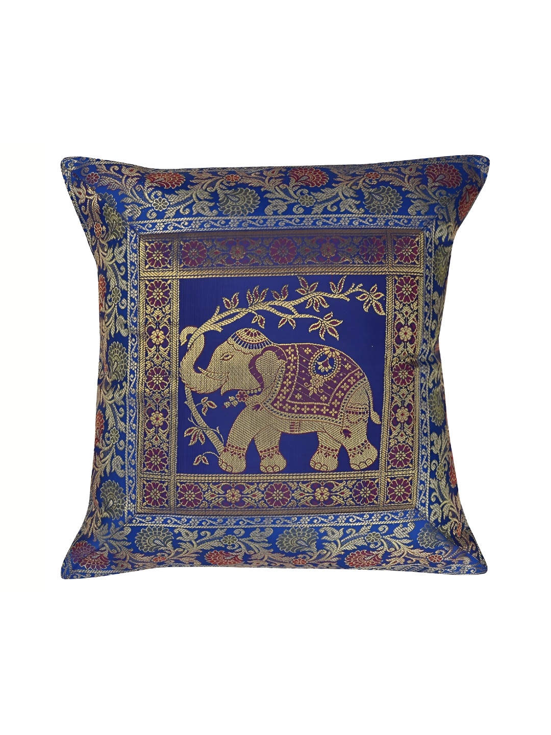 

Lal Haveli Blue & Gold Toned Ethnic Motif Silk Square Cushion Cover