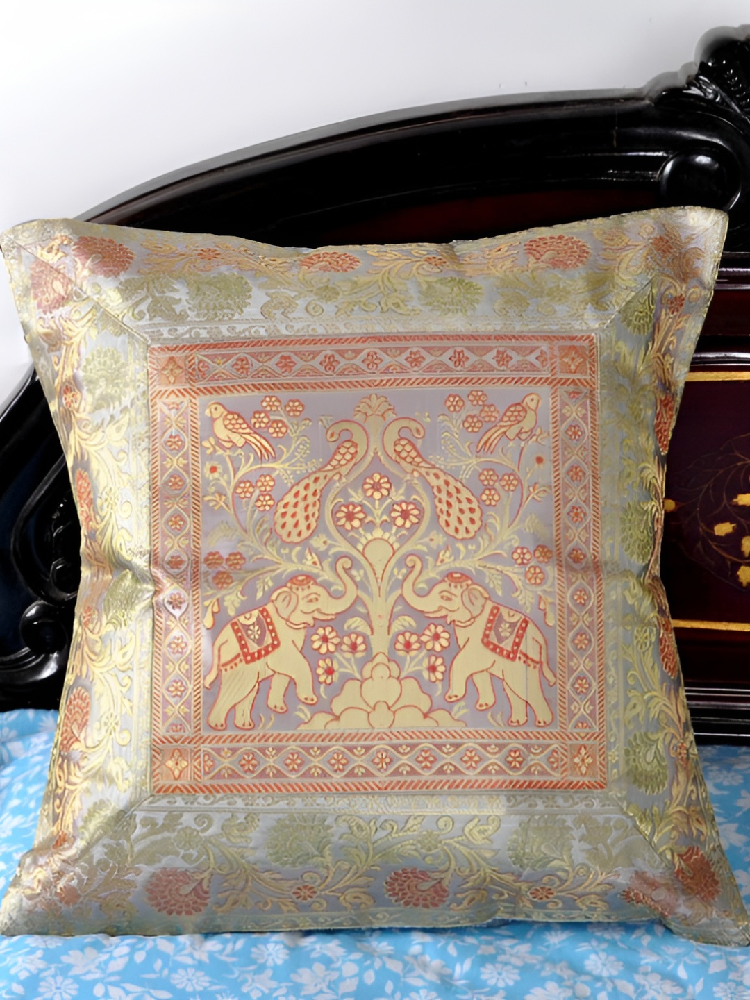 

Lal Haveli Grey & Gold Toned Ethnic Motif Silk Square Cushion Cover