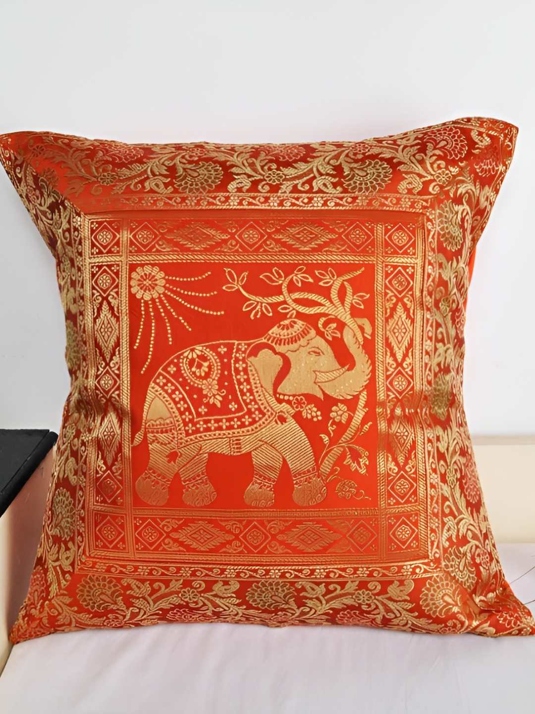 

Lal Haveli Orange & Gold Toned Ethnic Motif Silk Round Cushion Cover