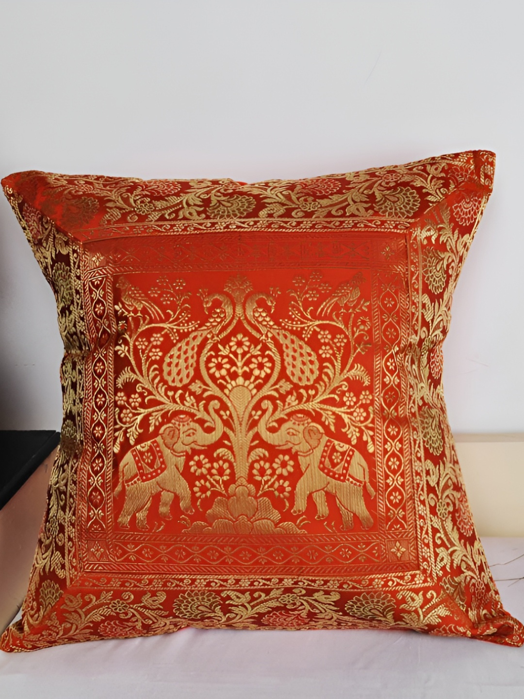 

Lal Haveli Orange & Gold Toned Ethnic Motif Silk Square Cushion Cover