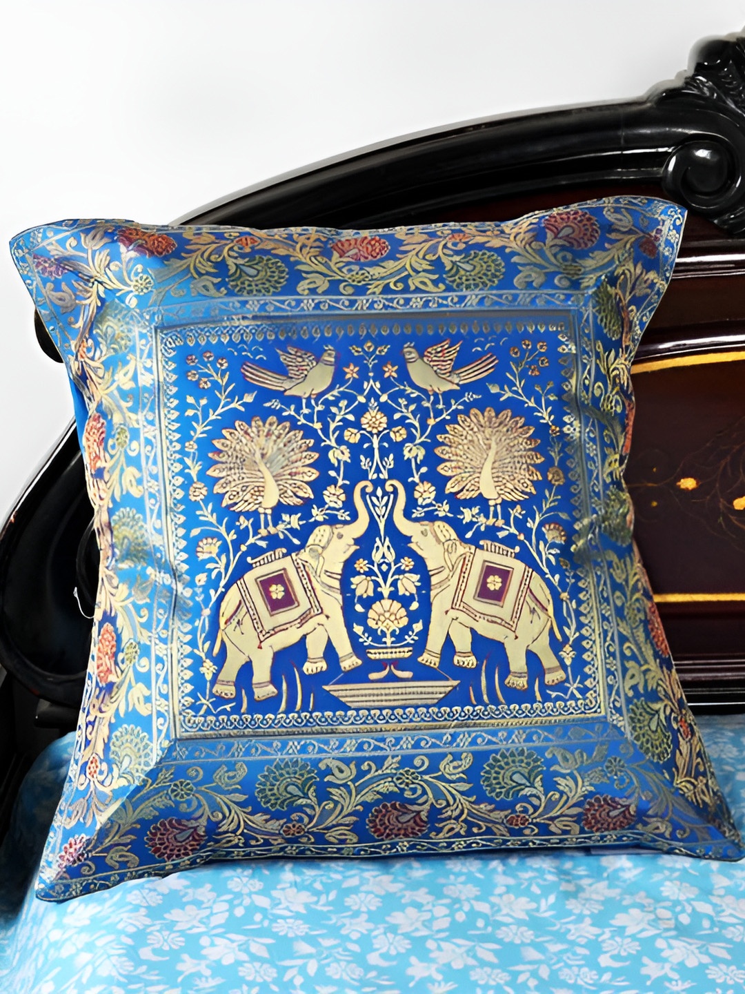 

Lal Haveli Turquoise Blue & Gold Toned Ethnic Motif Silk Square Cushion Cover