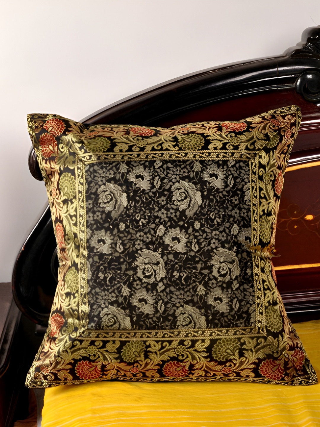 

Lal Haveli Black & & Gold Toned Floral Printed Square Cushion Cover