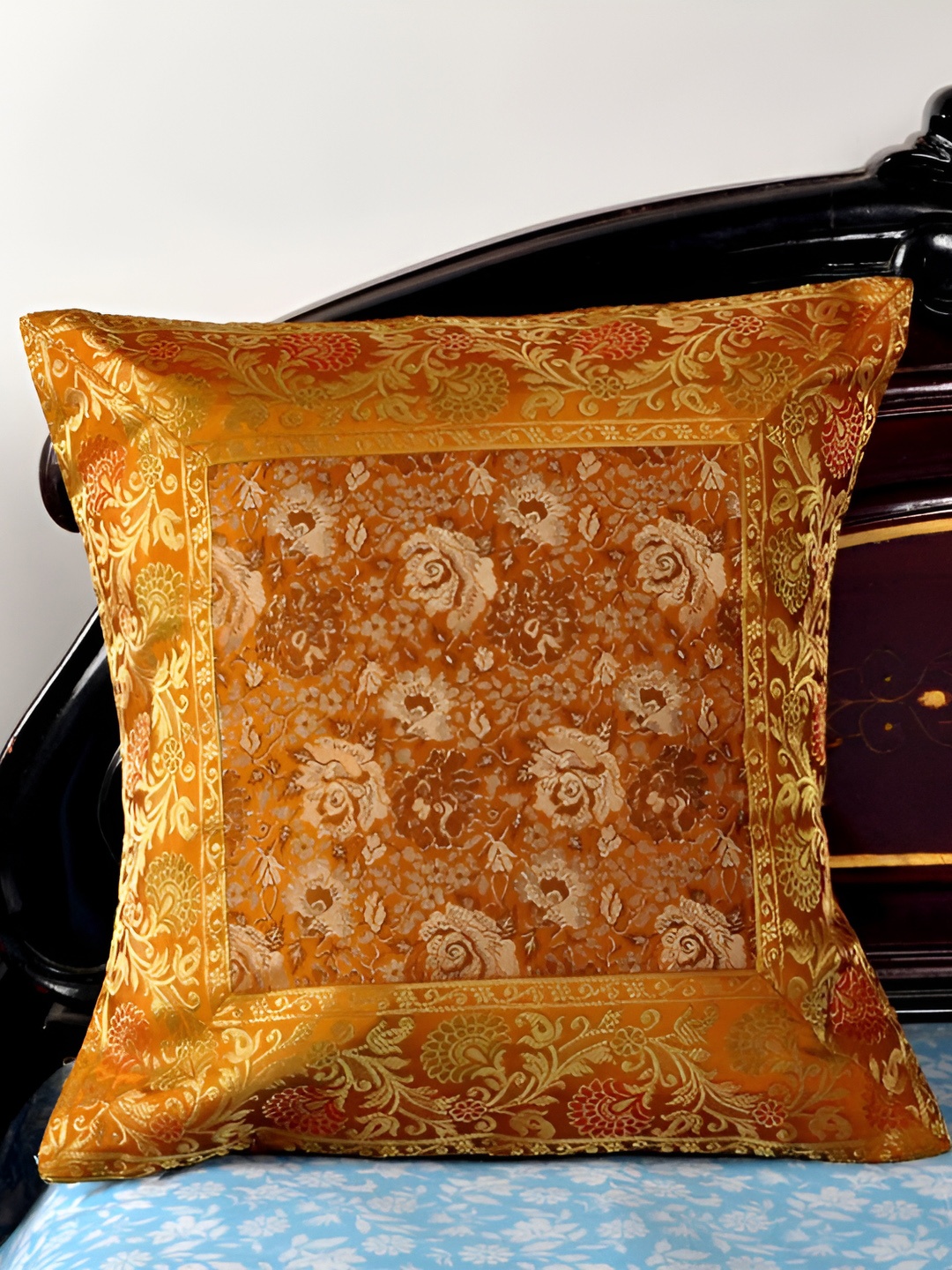

Lal Haveli Gold-Toned & Orange Floral Square Cushion Cover