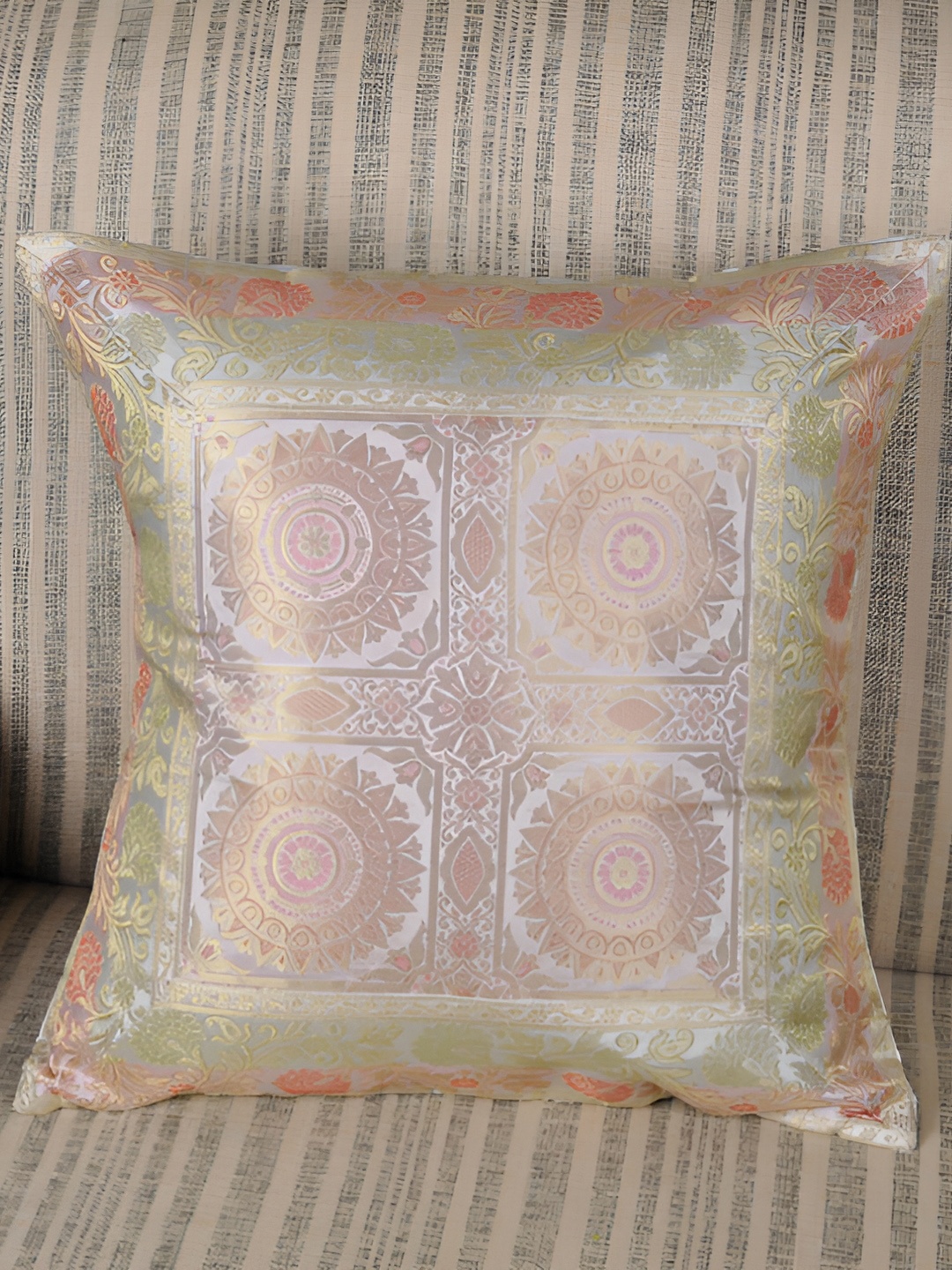 

Lal Haveli White & Gold Toned Floral Printed Square Cushion Cover