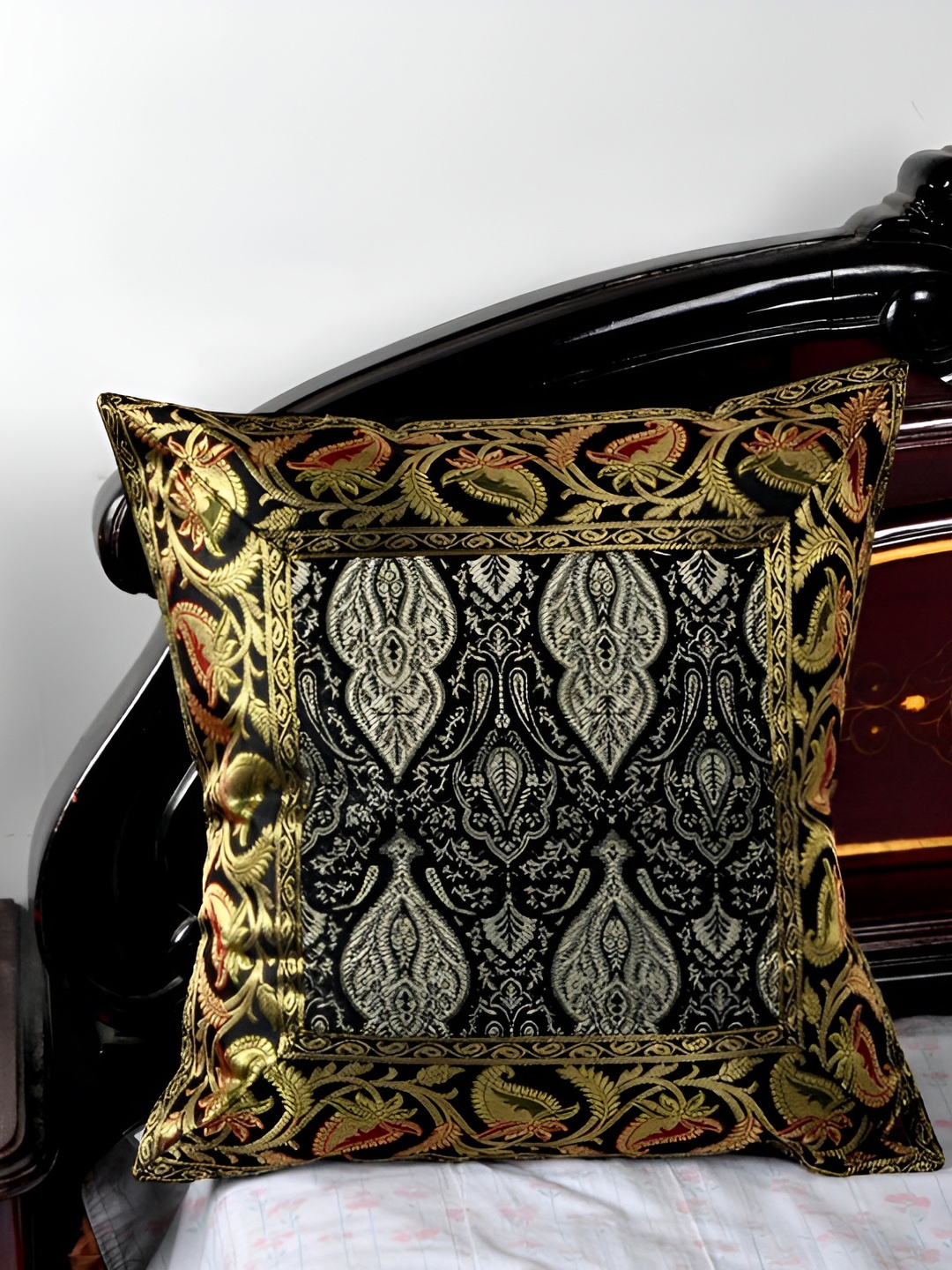 

Lal Haveli Black & Gold Toned Abstract Printed Square Cushion Cover