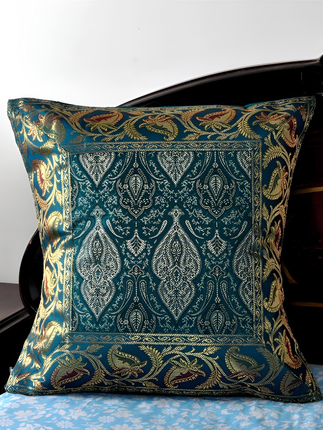 

Lal Haveli Teal Green & Gold Toned Floral Square Cushion Cover