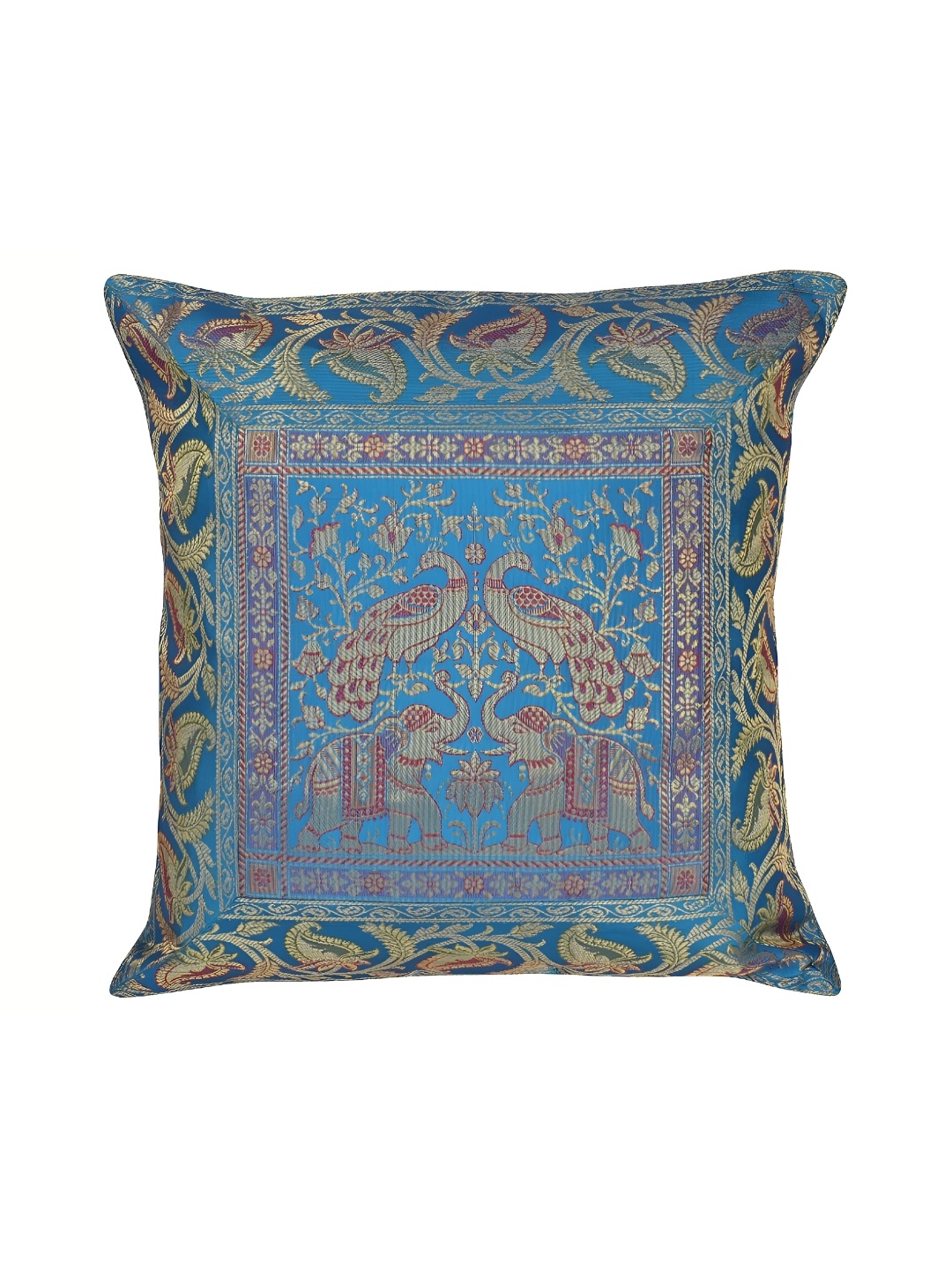 

Lal Haveli Turquoise Blue & Gold toned Floral Printed Square Cushion Cover