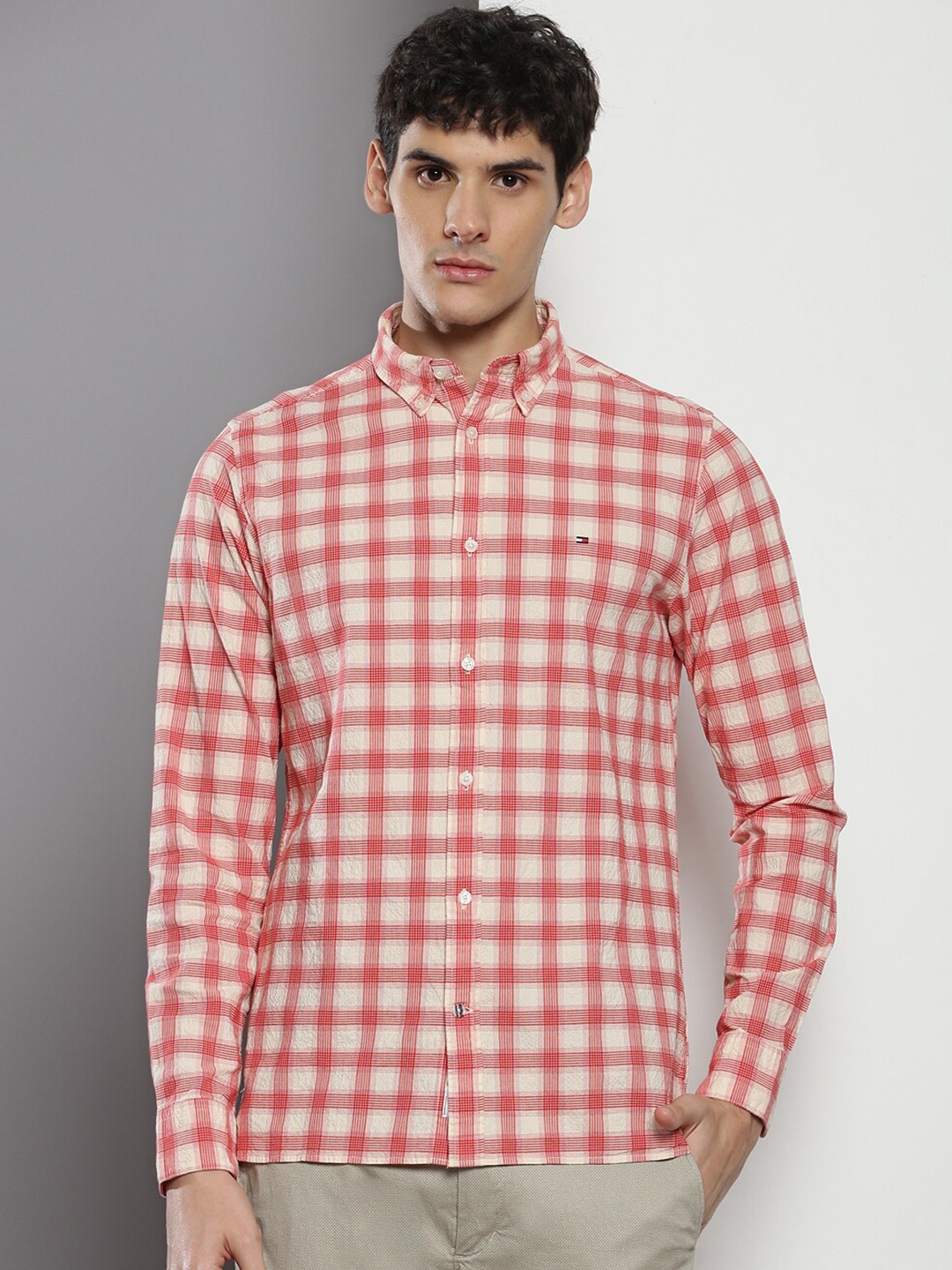 

Tommy Hilfiger Slim Fit Tartan Checked Button-Down Collar Casual Shirt, Red