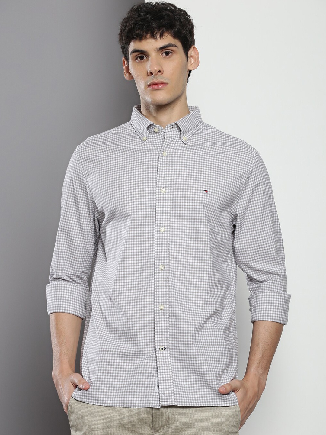 

Tommy Hilfiger Micro Checked Button-Down Collar Casual Shirt, Grey