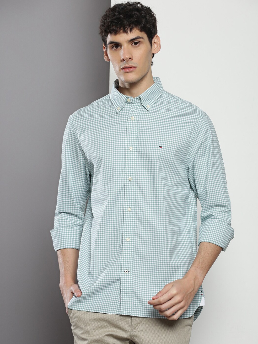 

Tommy Hilfiger Micro Checked Button-Down Collar Casual Shirt, Green