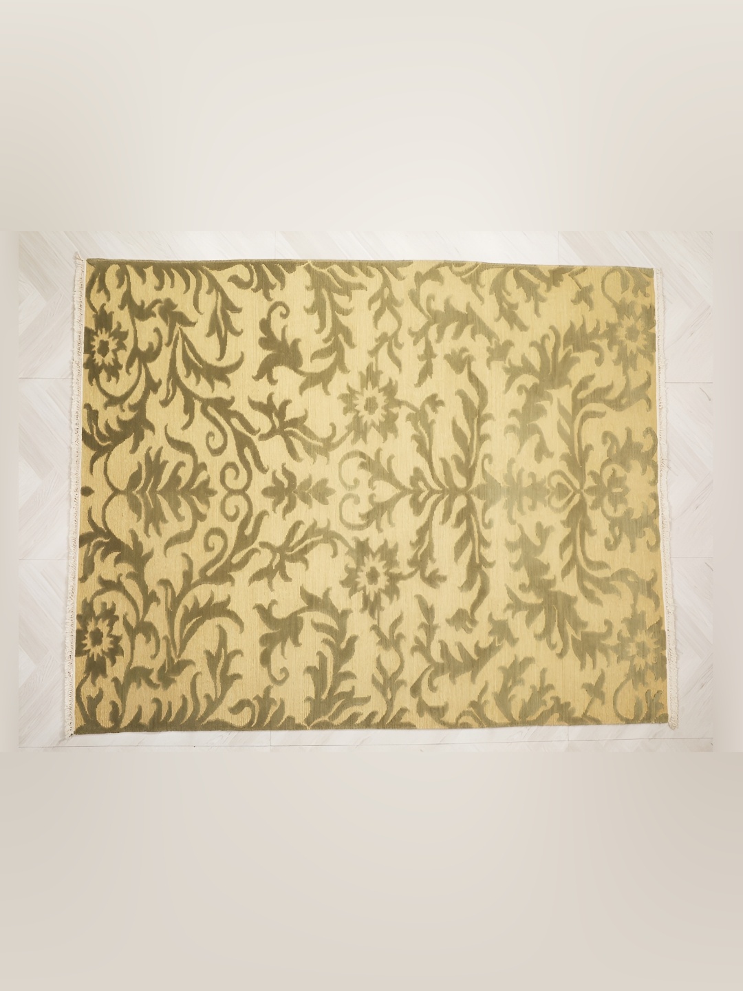 

MIRZAPUR KALEEN AND RUGS Beige & Green Handmade Woollen Carpet
