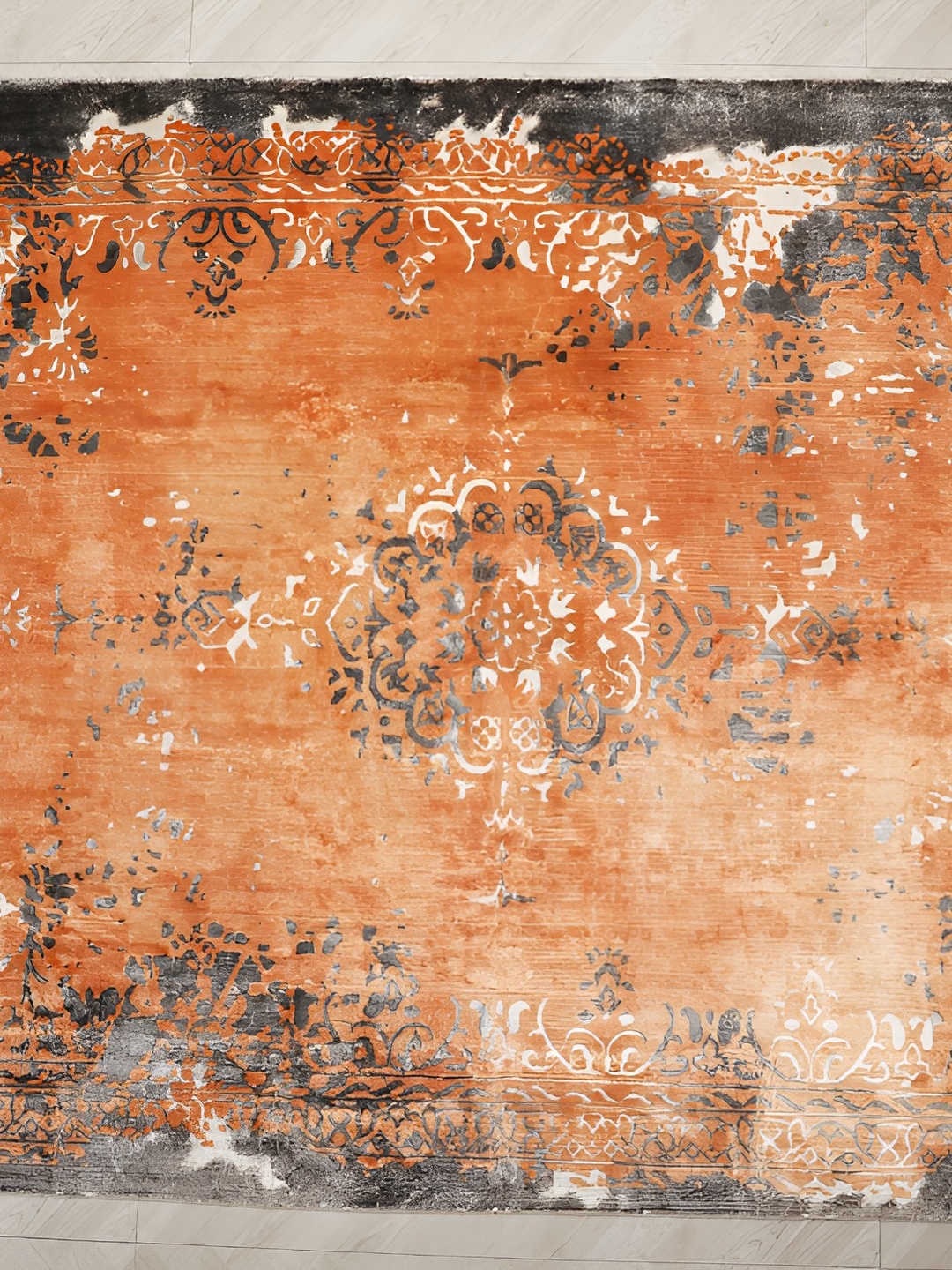 

MIRZAPUR KALEEN AND RUGS Orange & Black Handmade Woollen Carpet