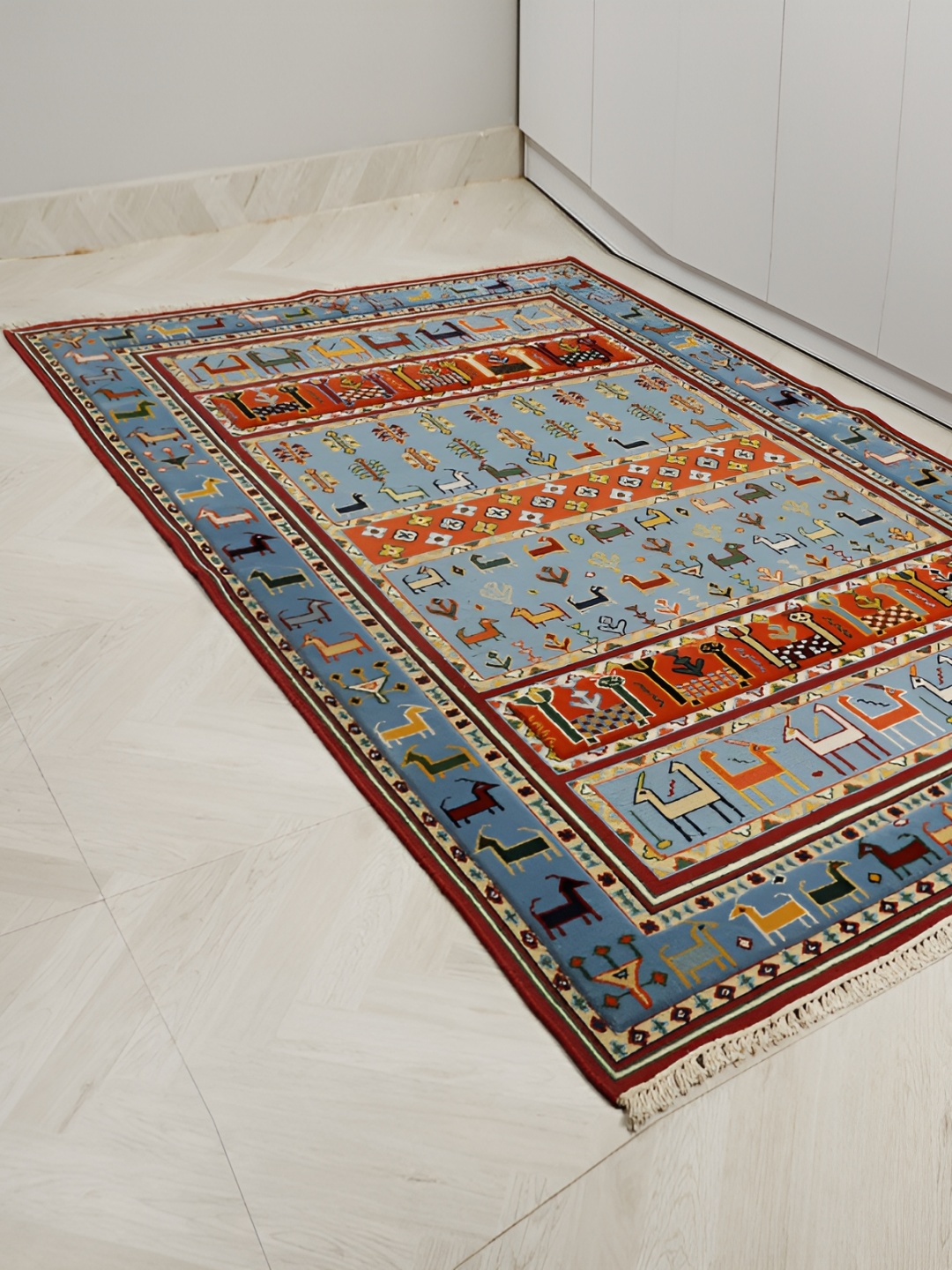 

MIRZAPUR KALEEN AND RUGS Blue & Red Handmade Woollen Carpet
