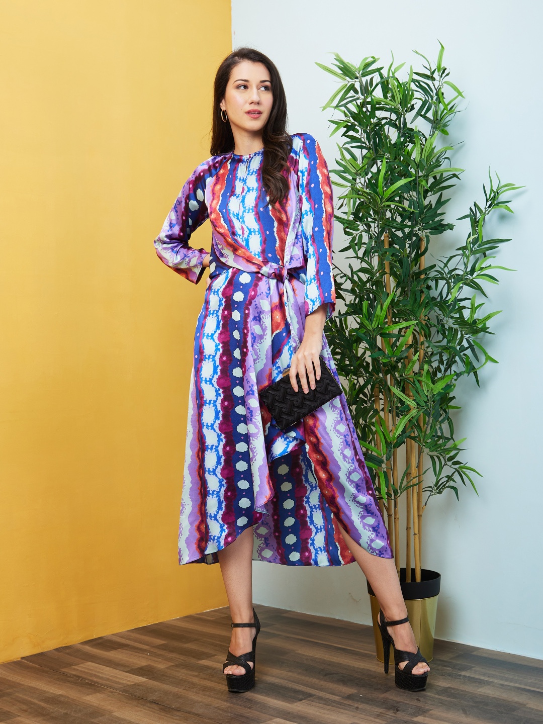 

Globus Blue & Purple Abstract Printed Waist Tie-Ups Ruffles Satin A-Line Dress