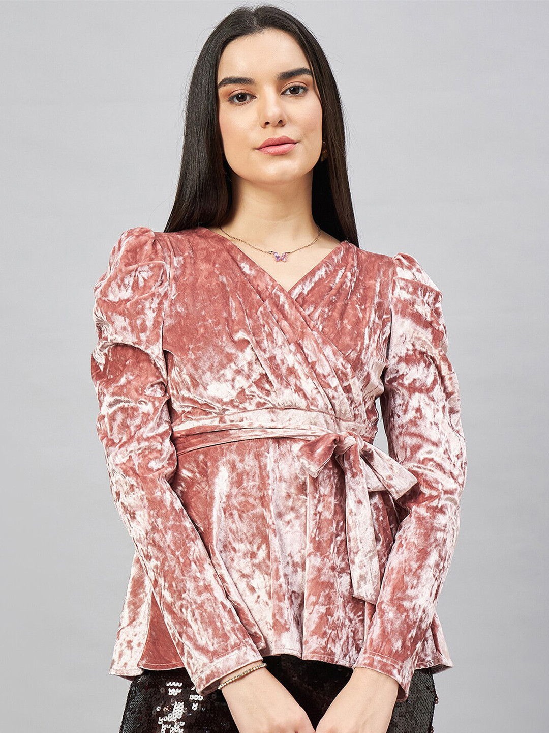 

Chemistry Puff Sleeve Velvet Wrap Top, Pink