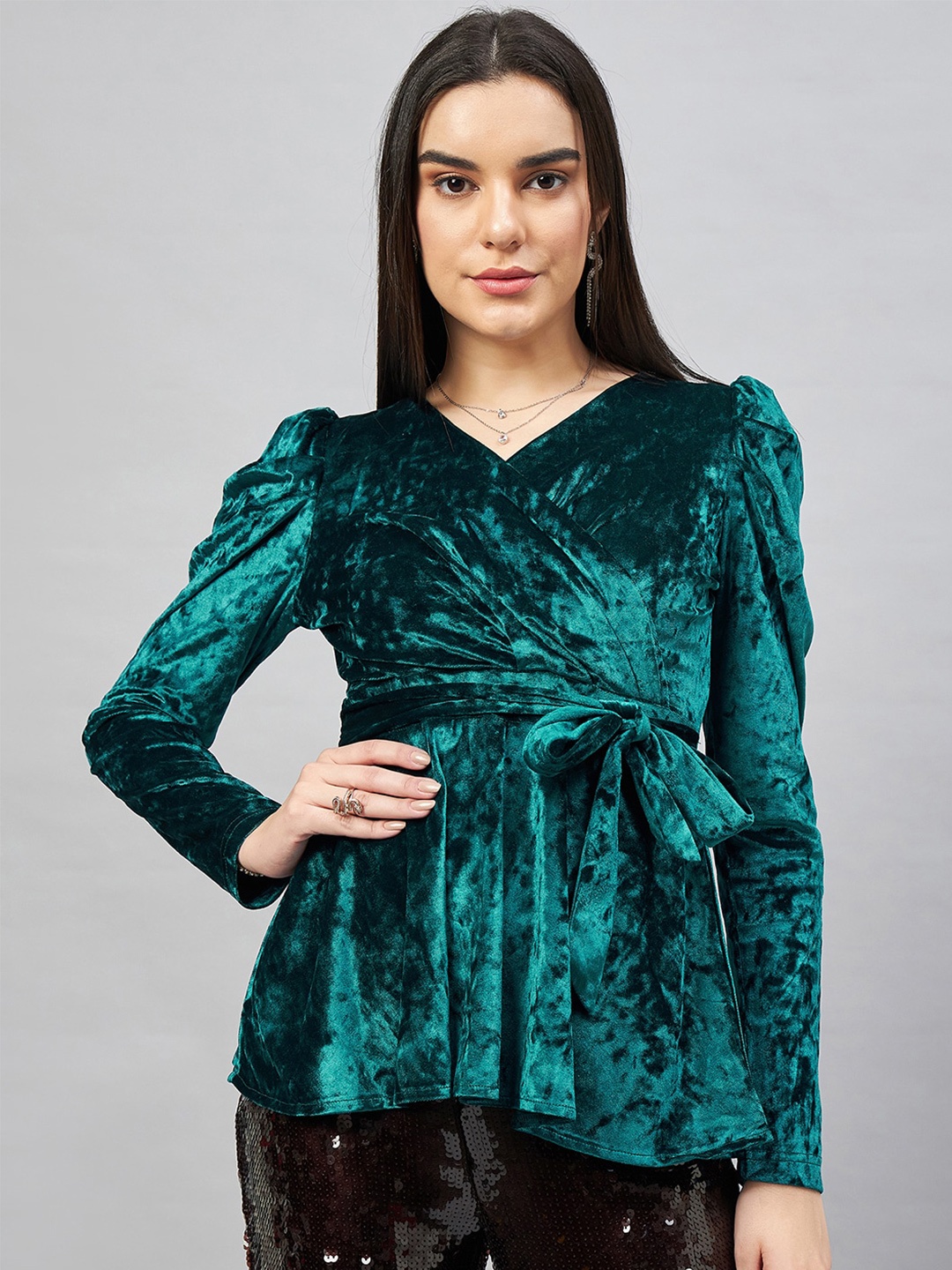 

Chemistry Puff Sleeve Velvet Wrap Top, Teal