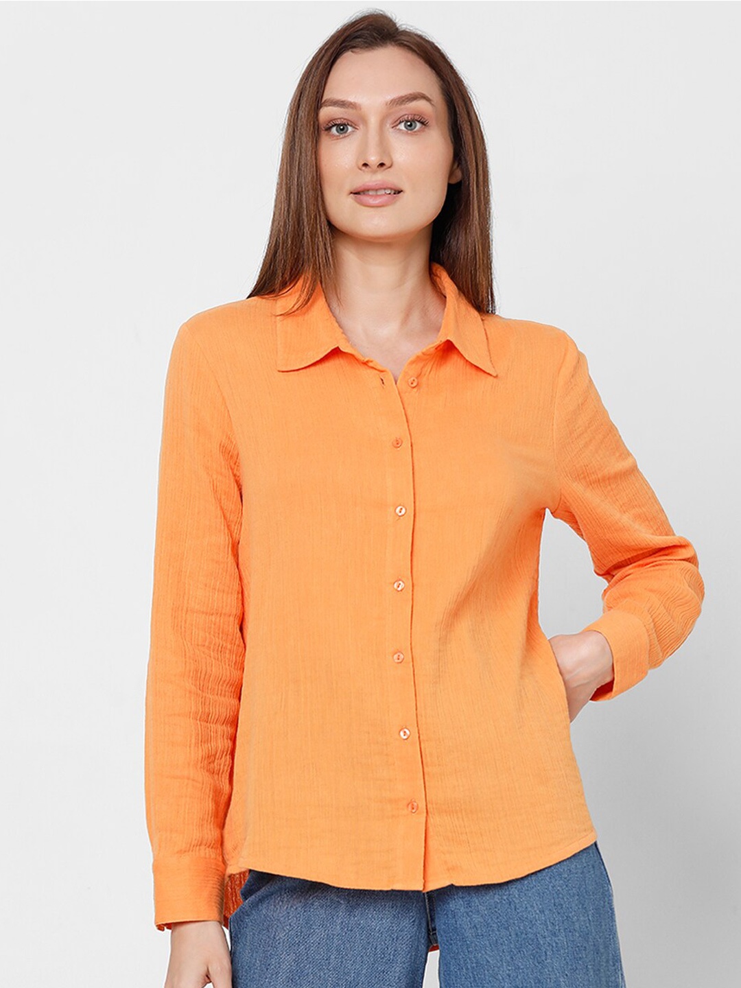 

Vero Moda Slim Fit Spread Collar Long Sleeves Cotton Casual Shirt, Orange