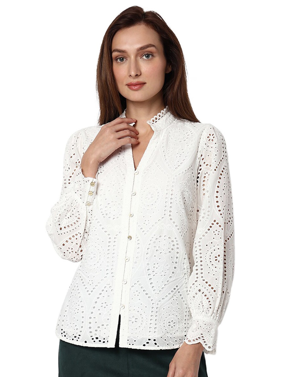 

Vero Moda Self Design Semi Sheer Pure Cotton Casual Shirt, White