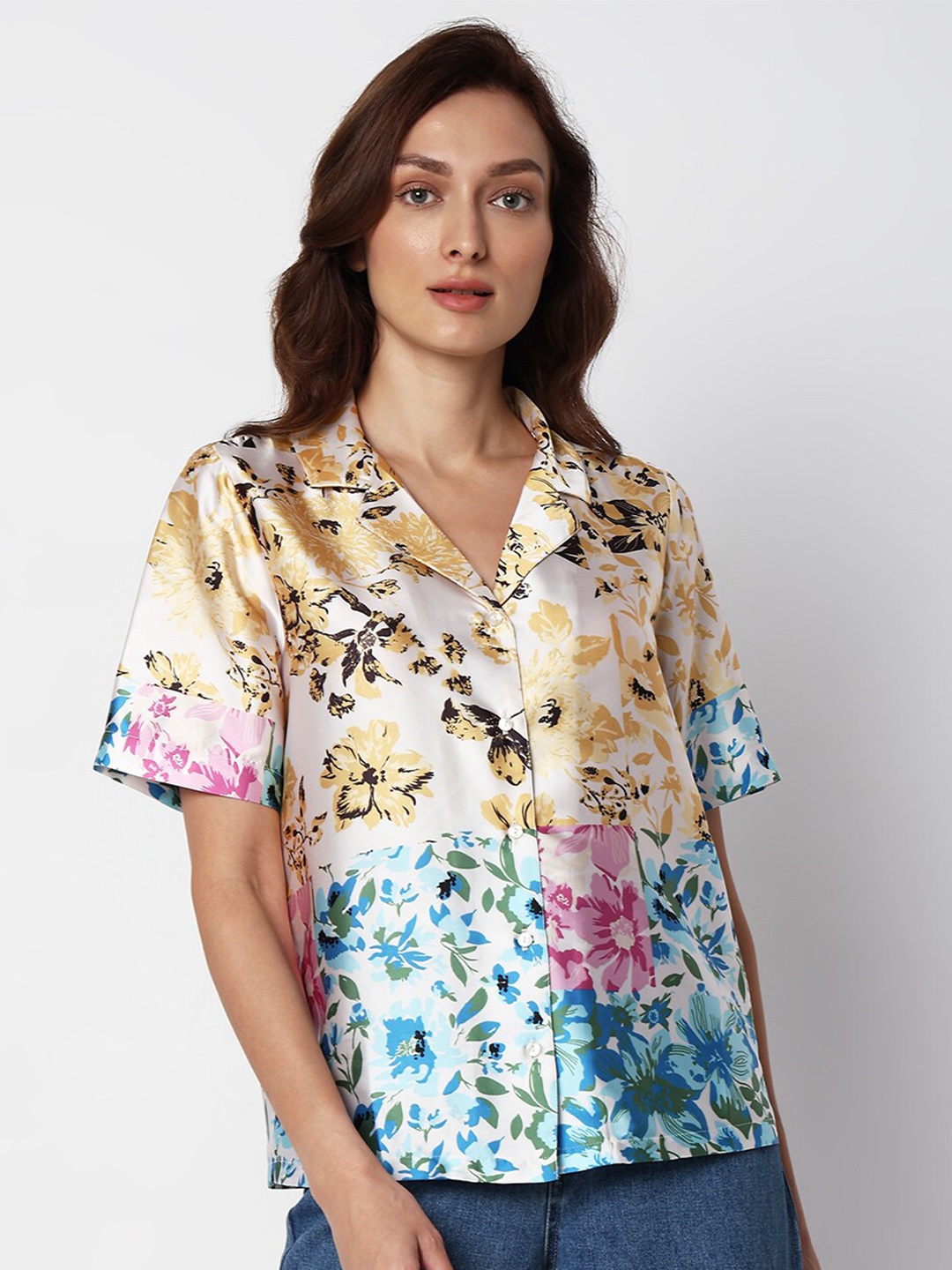 

Vero Moda Slim Fit Floral Printed Cuban Collar Casual Shirt, Gold