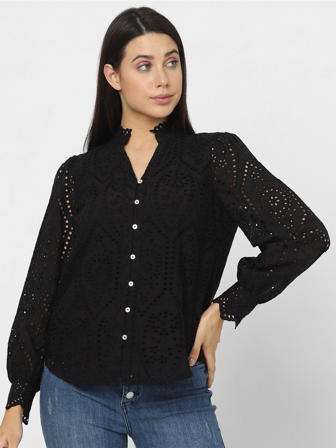 

Vero Moda Self Design Semi Sheer Pure Cotton Casual Shirt, Black