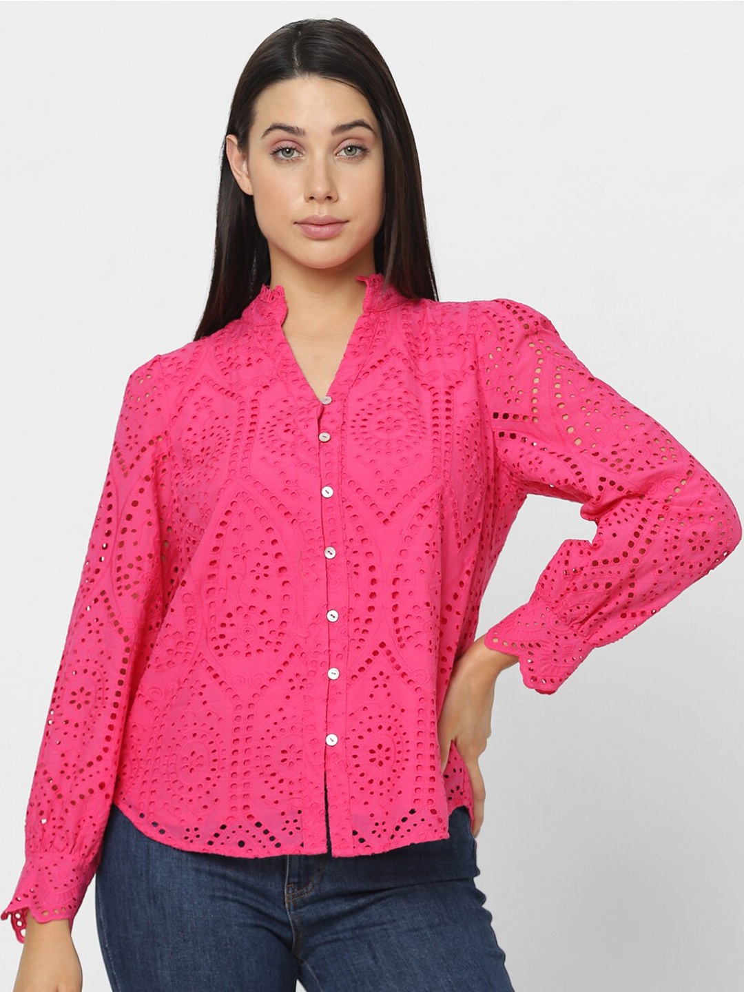 

Vero Moda Self Design Mandarin Collar Semi Sheer Pure Cotton Casual Shirt, Pink