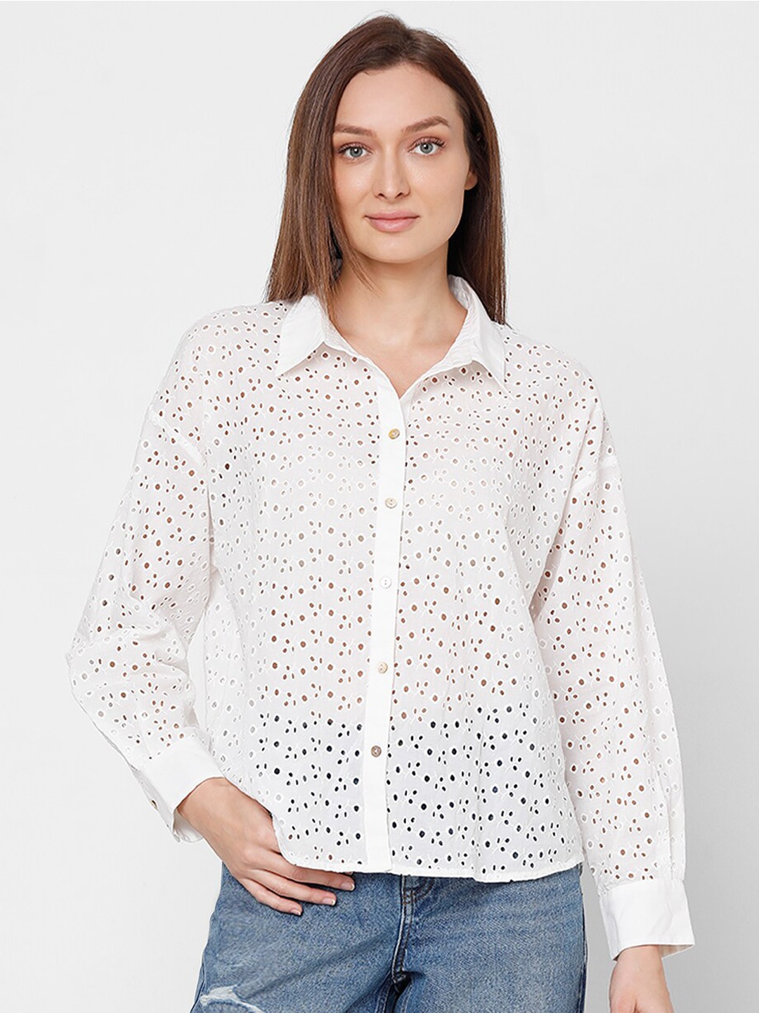 

Vero Moda Schiffli Semi Sheer Pure Cotton Casual Shirt, White