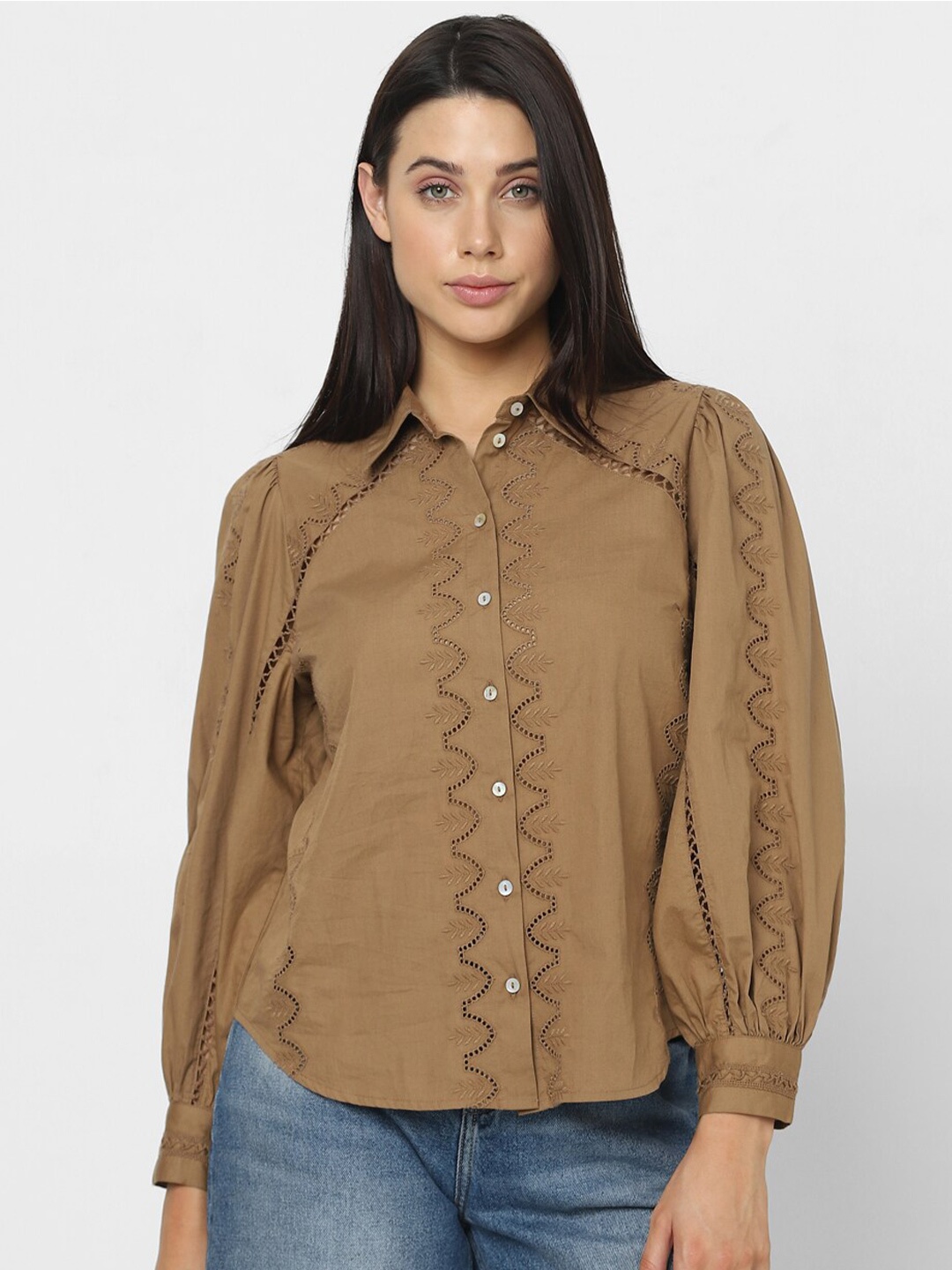 

Vero Moda Schiffli Self Design Shirt Collar Puff Sleeves Cotton Shirt Style Top, Brown