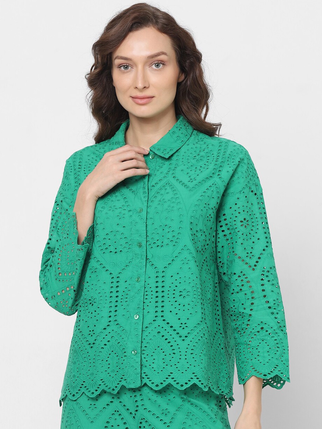 

Vero Moda Self Design Semi Sheer Pure Cotton Casual Shirt, Green