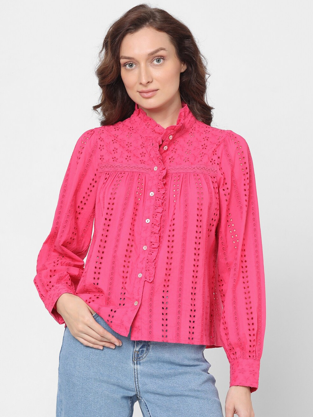 

Vero Moda Women Slim Fit Self Design Mandarin Collar Semi Sheer Pure Cotton Casual Shirt, Pink