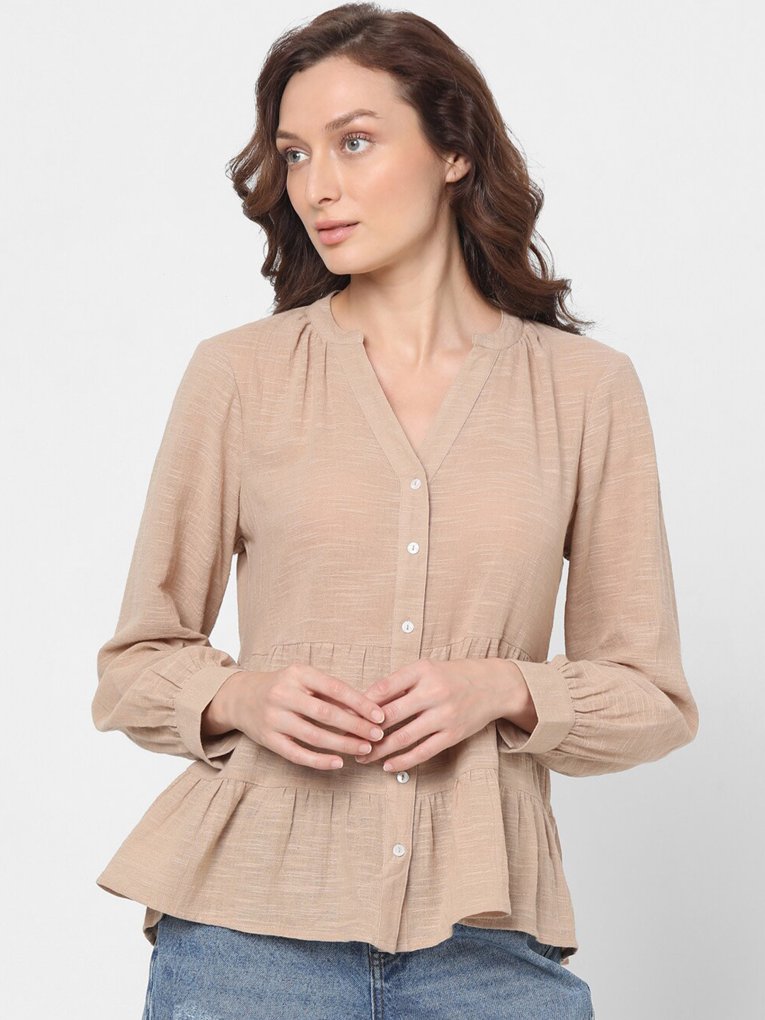 

Vero Moda Mandarin Collar Pure Cotton Casual Shirt, Beige