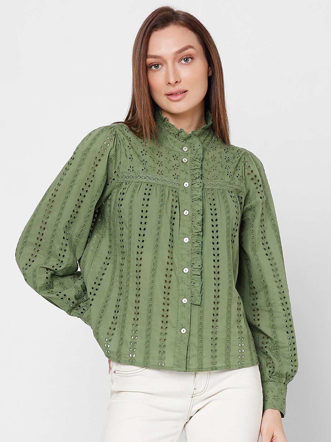 

Vero Moda Schiffli Self Design Shirt Collar Puff Sleeves Cotton Shirt Style Top, Green