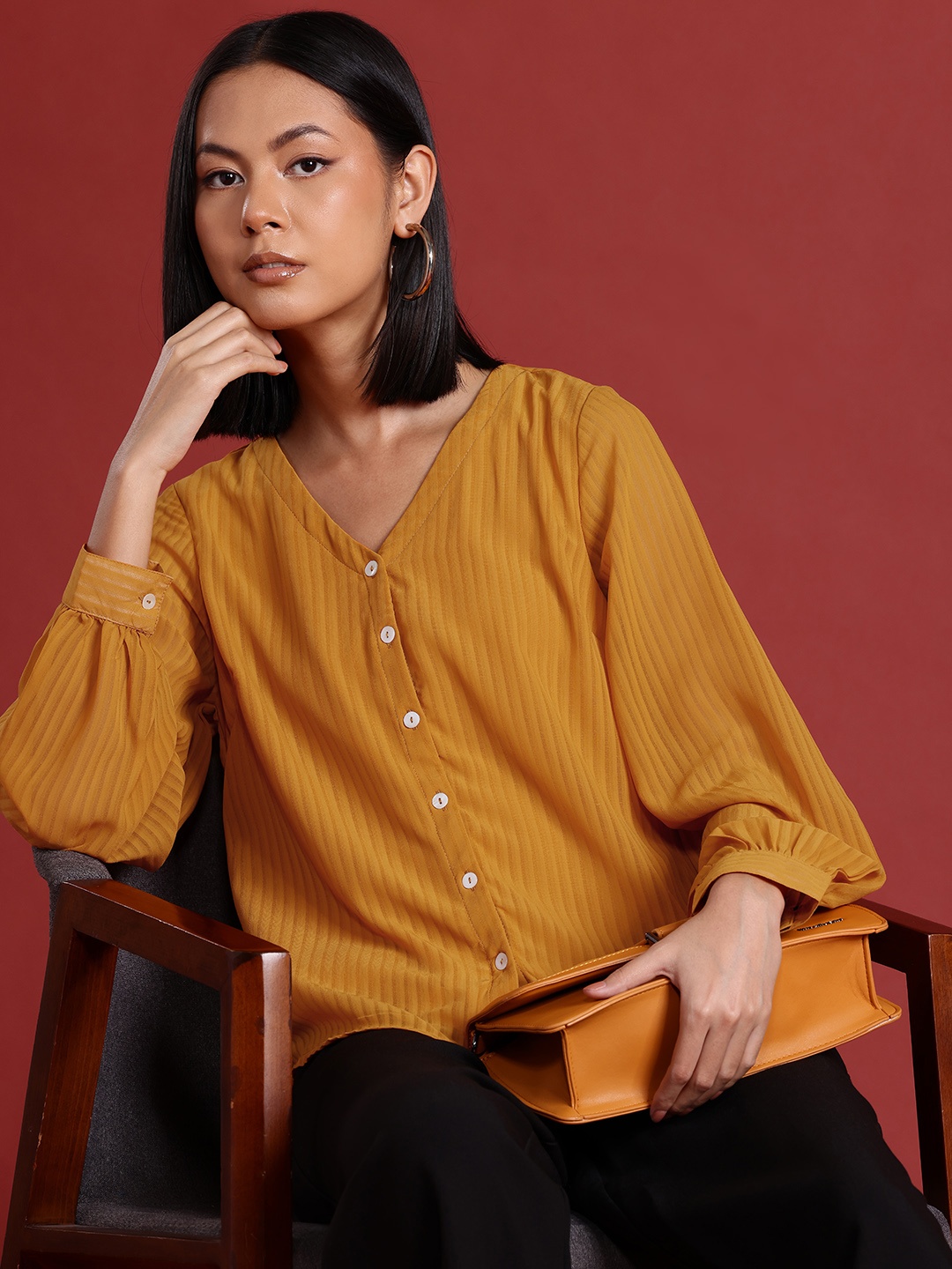 

all about you Self-Striped Semi Sheer Casual Shirt, Mustard