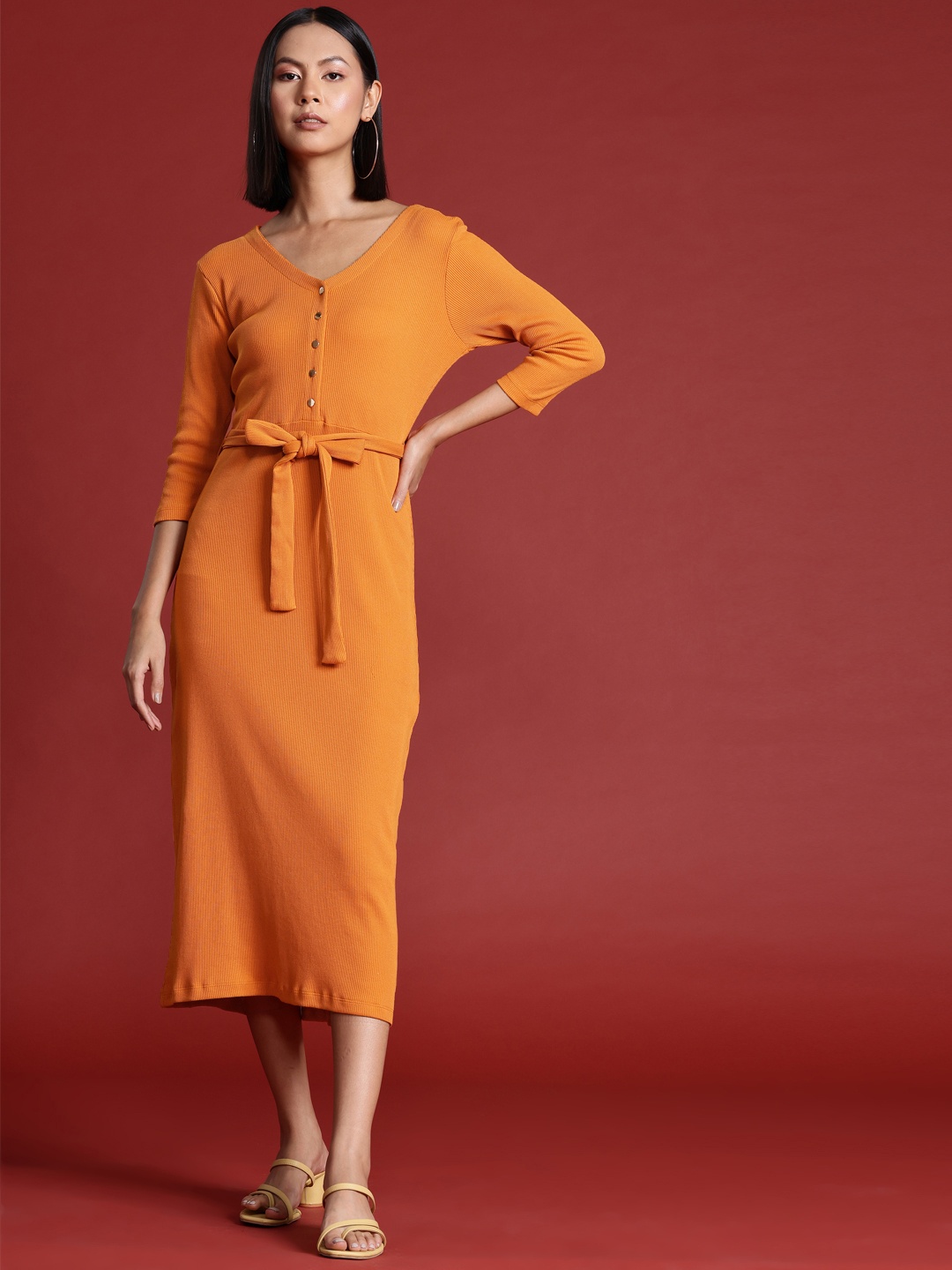 

all about you Pure Cotton Ribbed Midi Dress with Belt, Orange