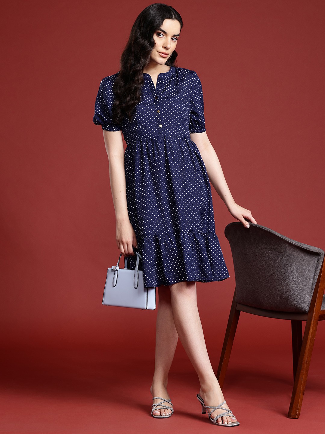 

all about you Printed Puff Sleeves A-Line Dress, Navy blue