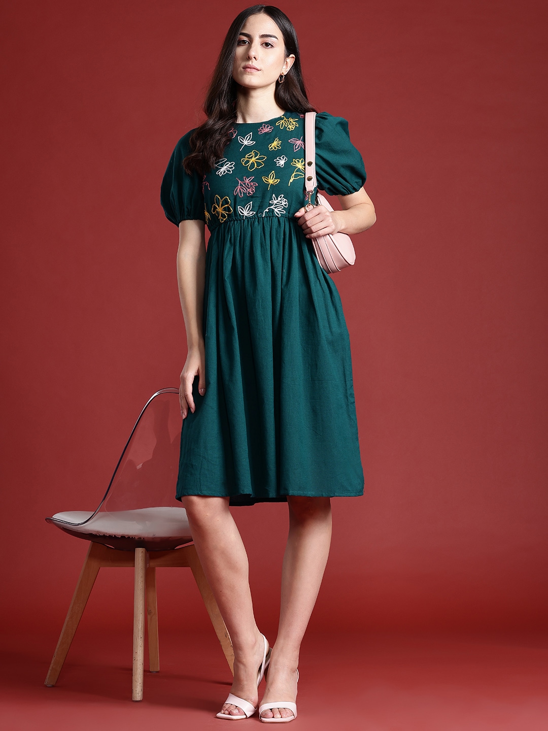 

all about you Cotton Linen Embroidered Puff Sleeves A-Line Dress, Teal