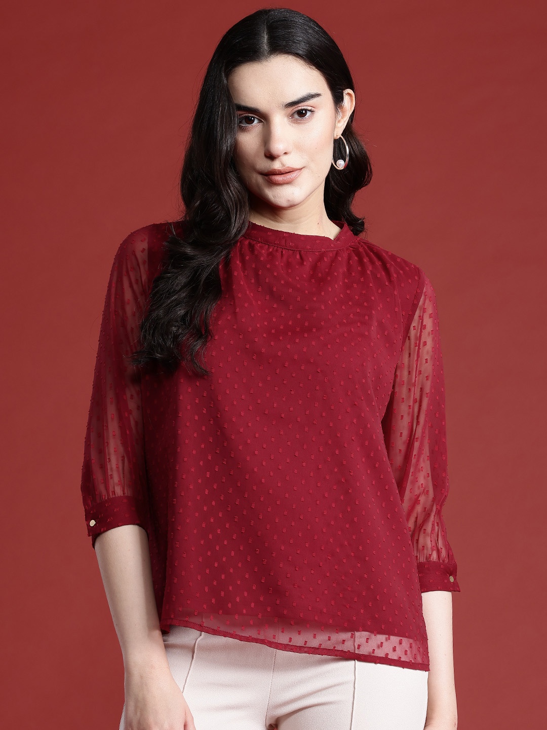 

all about you Dobby Weave Semi-Sheer Top, Maroon