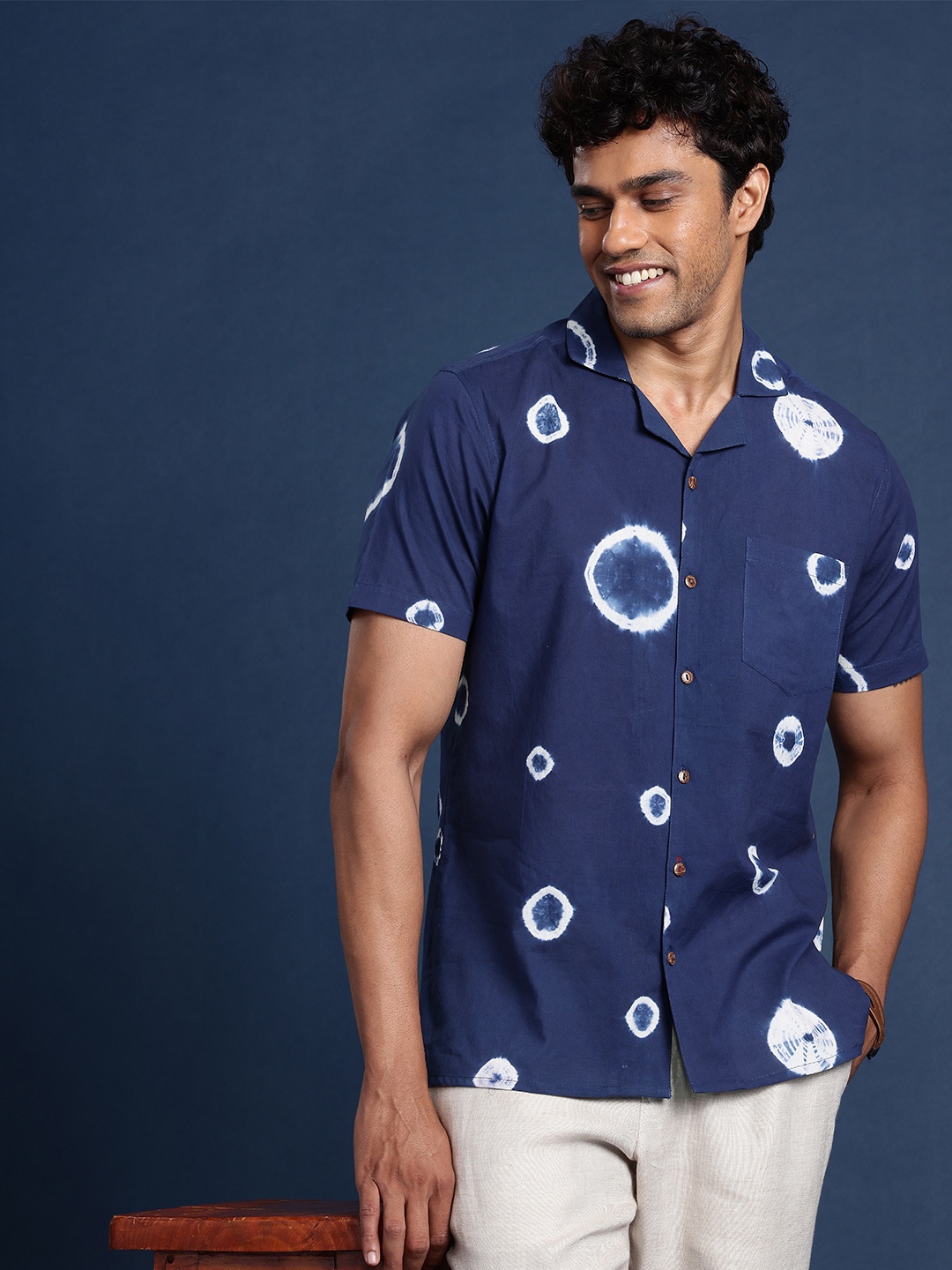 

Taavi Pure Cotton Opaque Printed Casual The Dye Shirt, Navy blue