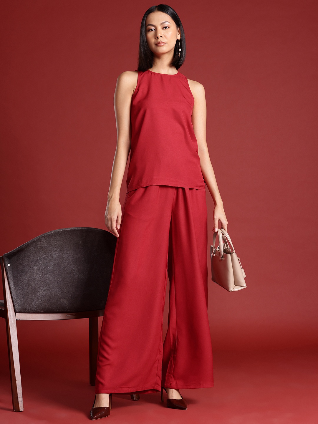 

all about you Women Round Neck Flared Leg Co-Ords, Maroon