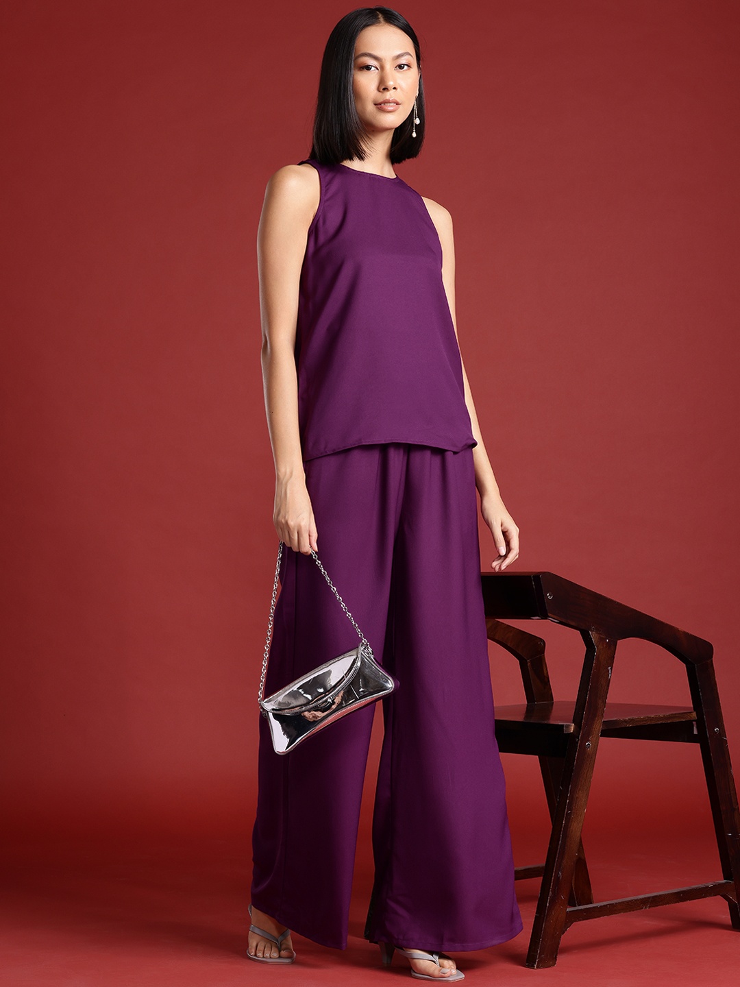 

all about you Women Round Neck Flared Leg Co-Ords, Purple
