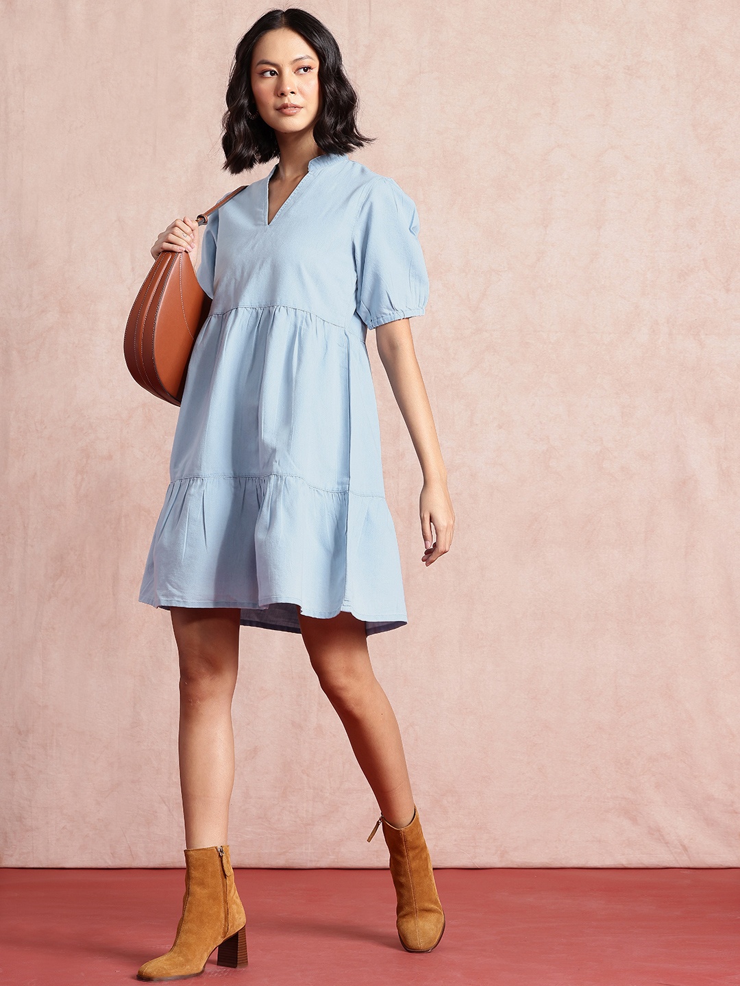 

all about you Puff Sleeve A-Line Mini Dress, Blue