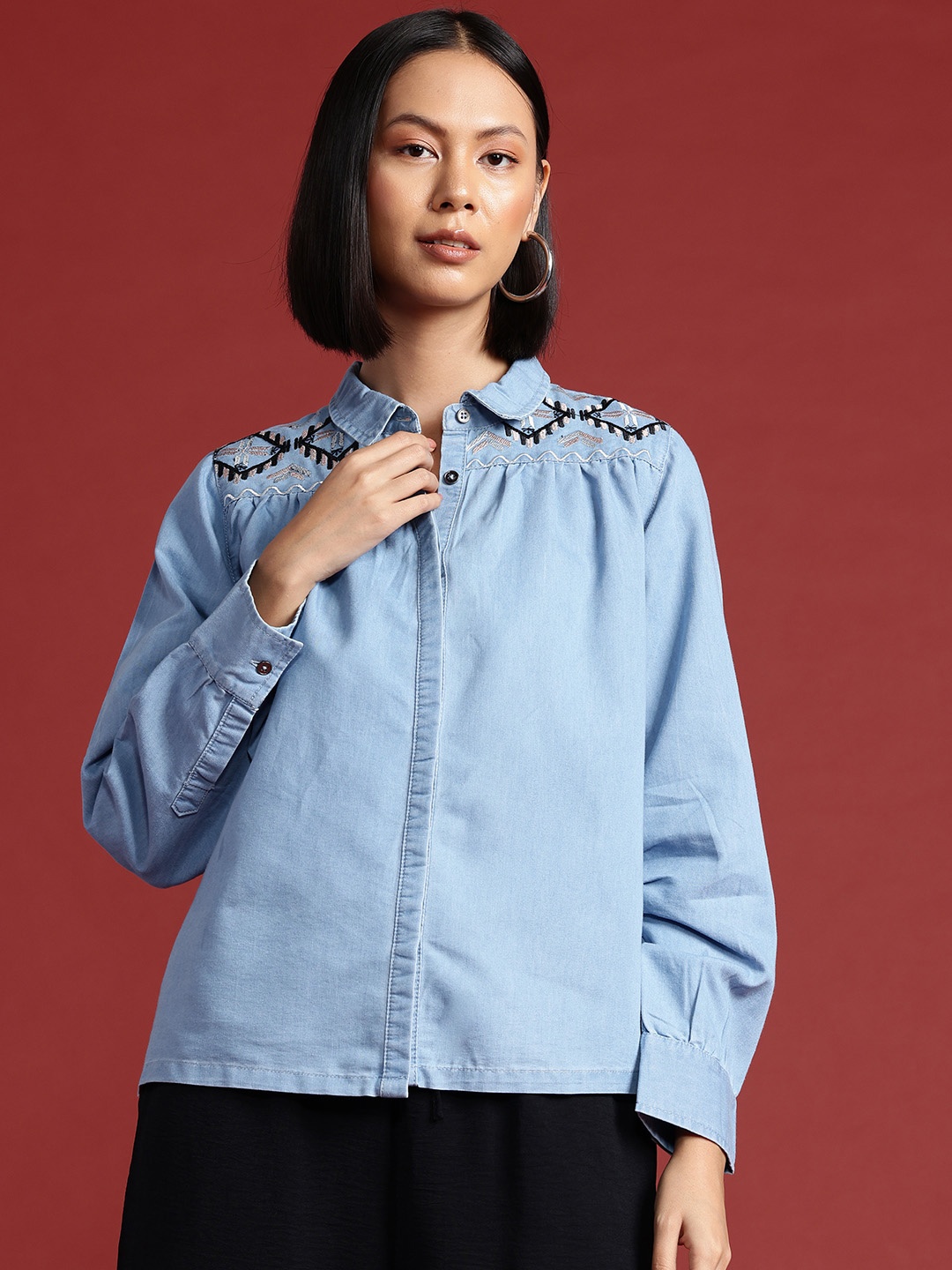 

all about you Embroidered Chambray Shirt, Blue