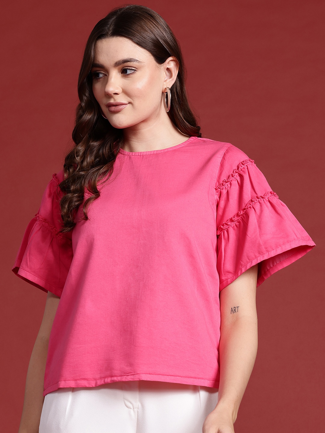 

all about you Flared Sleeve Frill Detail Top, Pink