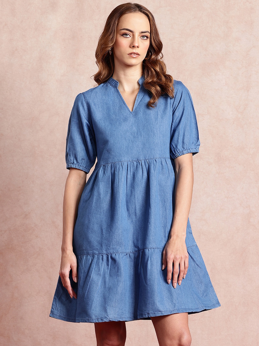 

all about you Puff Sleeves Tiered Detail A-Line Chambray Dress, Blue