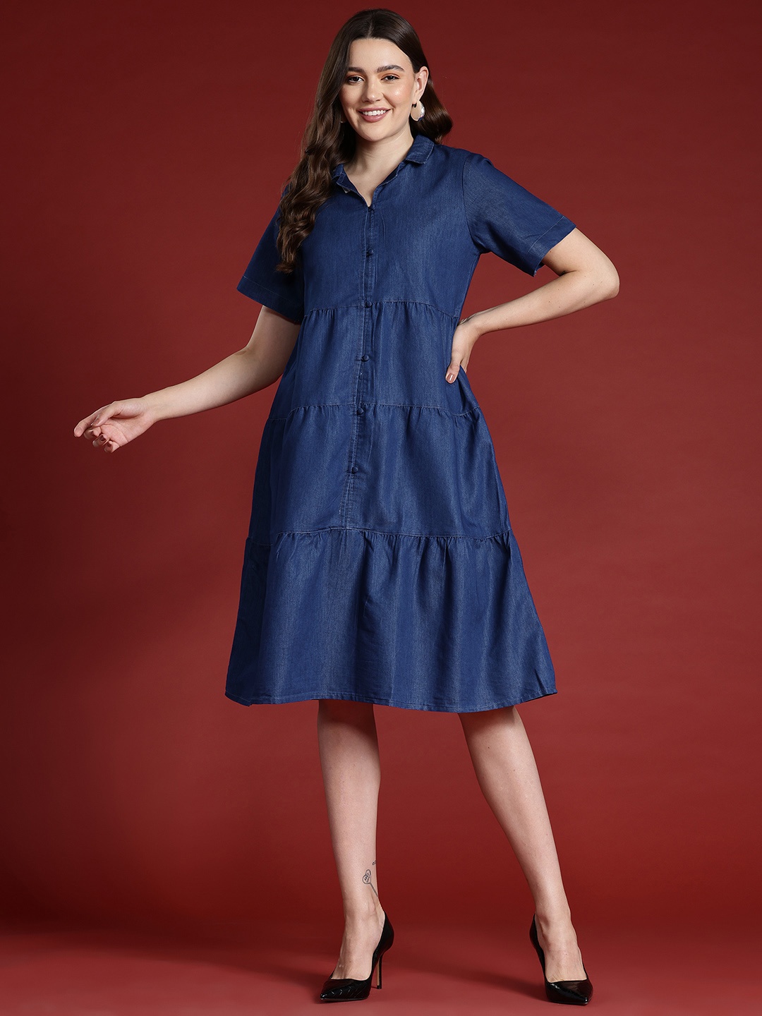 

all about you Chambray A-Line Tiered Midi Dress, Navy blue