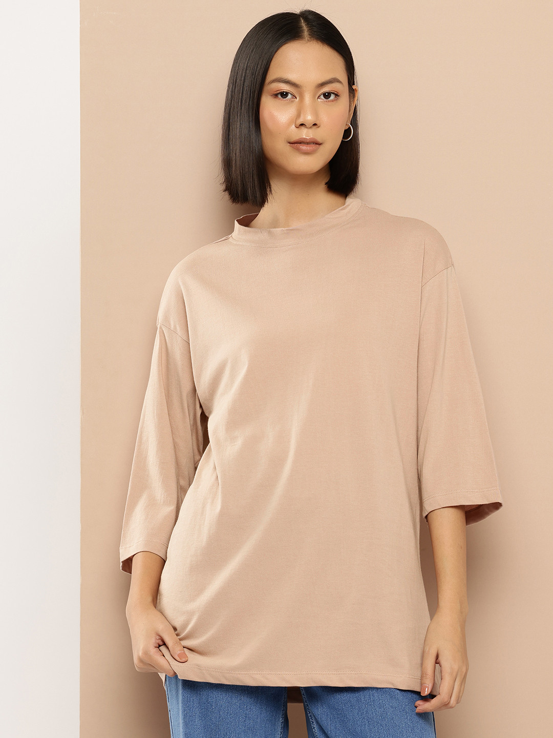 

her by invictus Drop-Shoulder Oversized Pure Cotton T-shirt, Beige