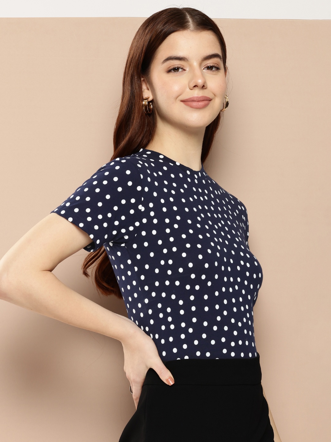 

her by invictus Polka Dot Printed Pure Cotton T-shirt, Navy blue