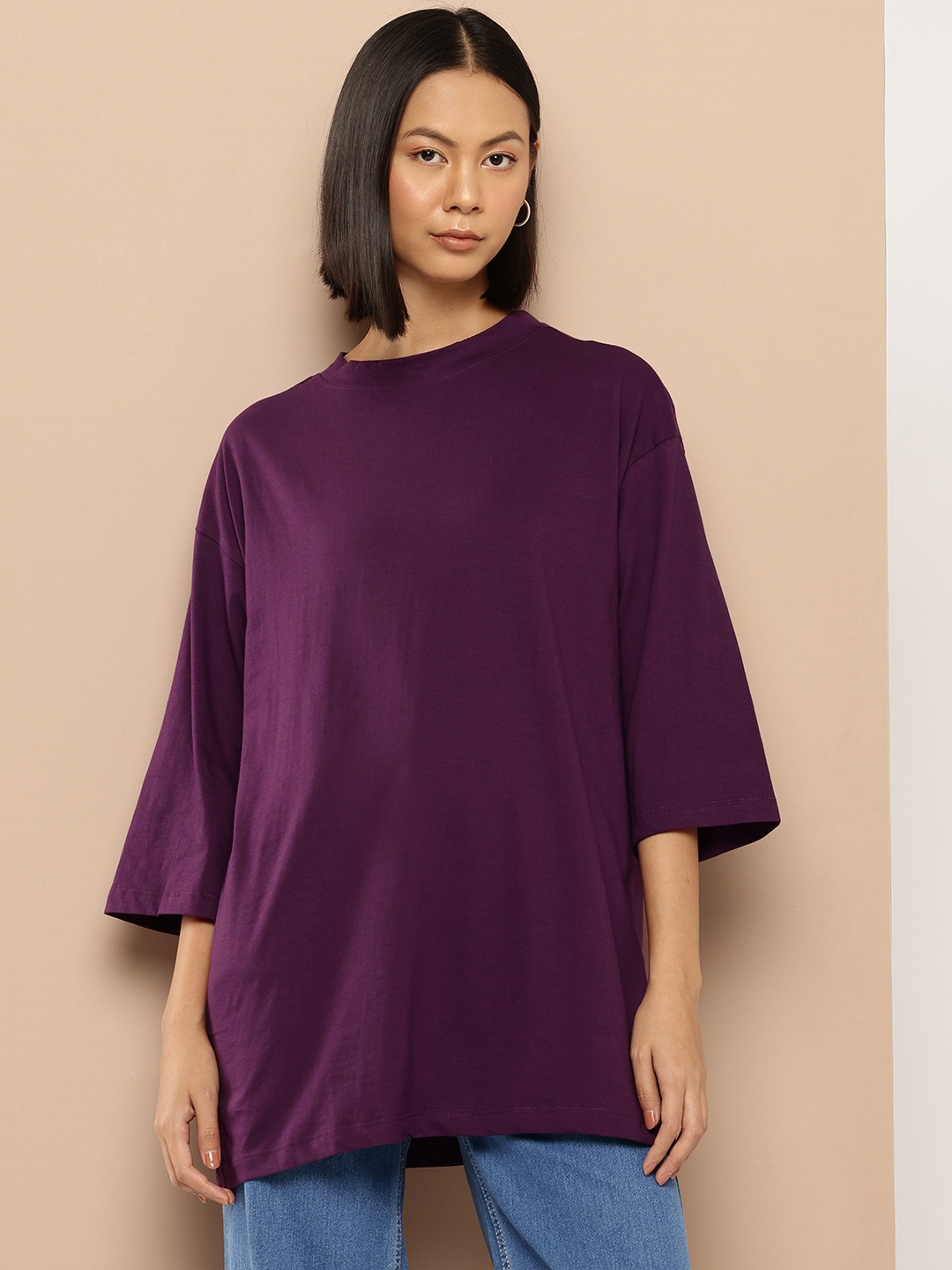 

her by invictus Drop-Shoulder Oversized Pure Cotton T-shirt, Purple