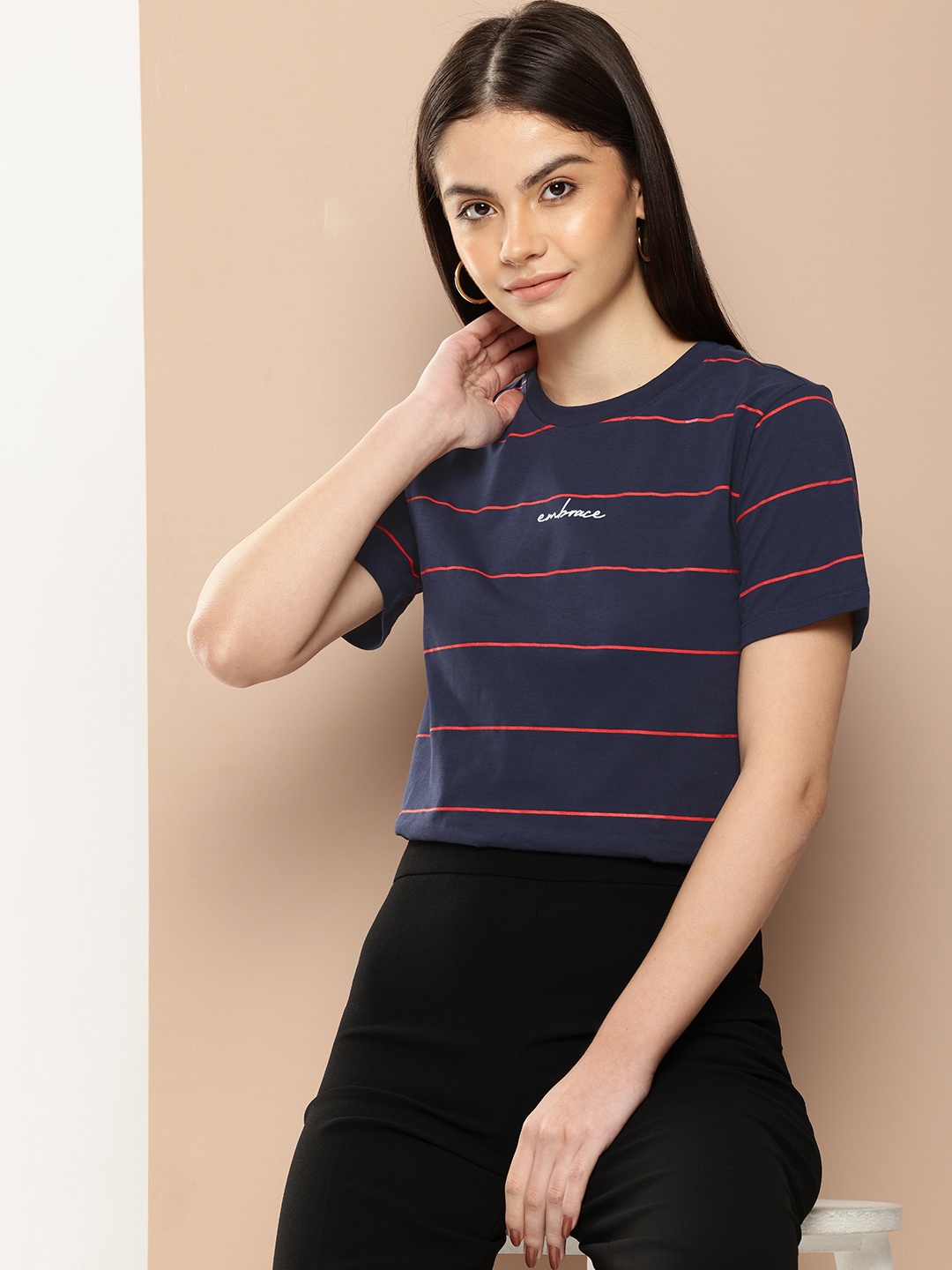 

her by invictus Striped Pure Cotton T-shirt, Navy blue