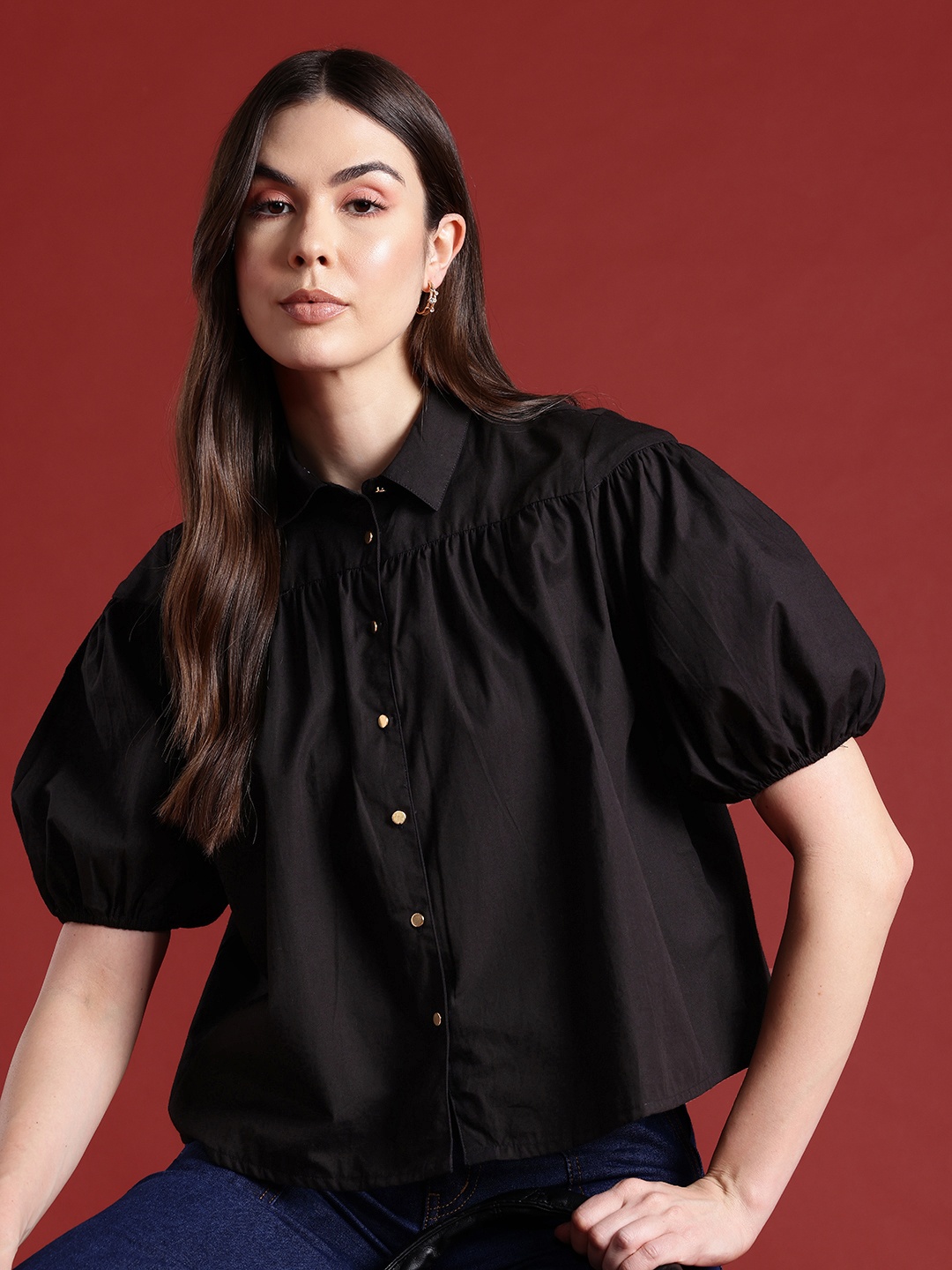 

all about you Gathered Puff Sleeve Pure Cotton Shirt, Black